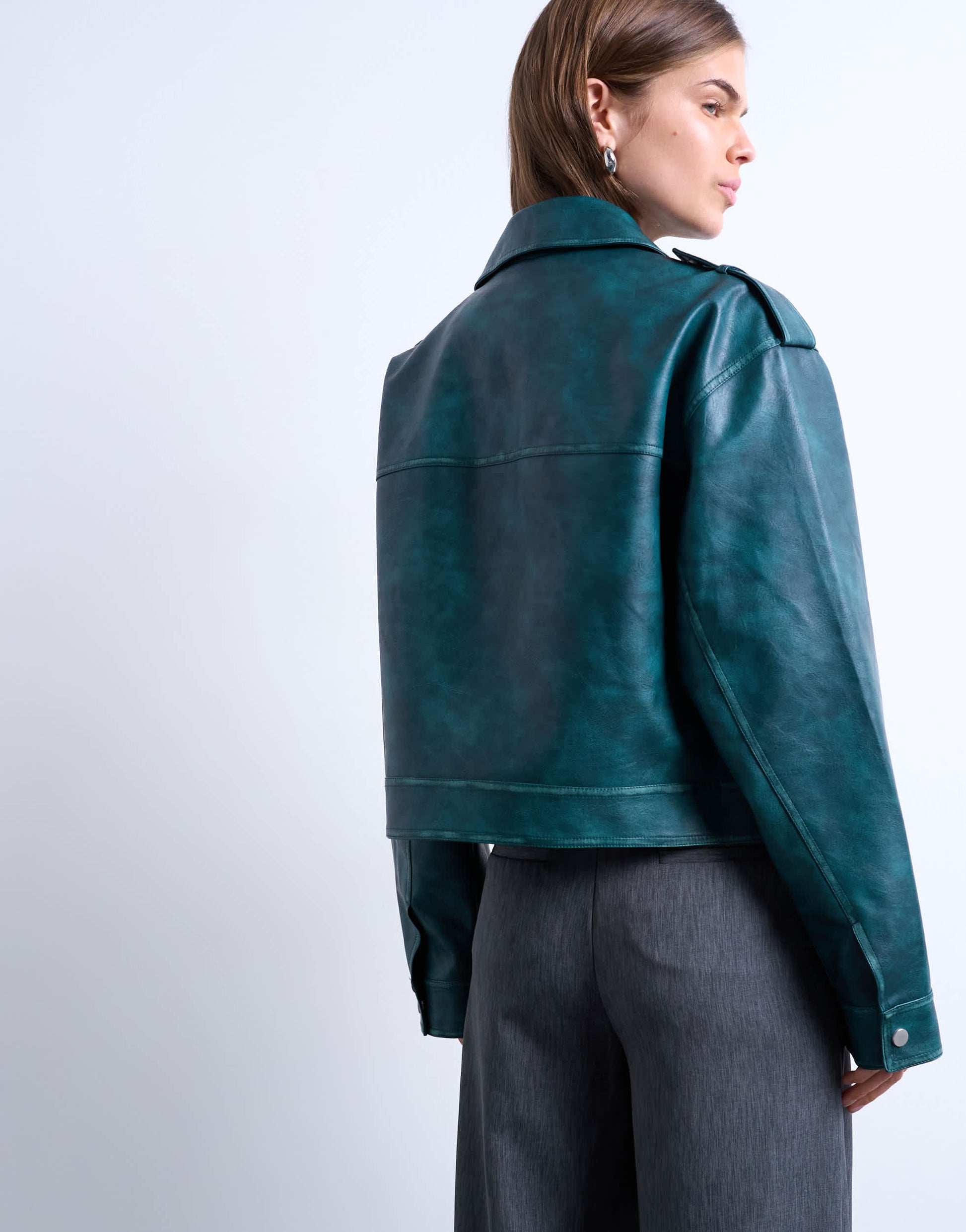 Topshop faux leather heavy washed zip through jacket in teal