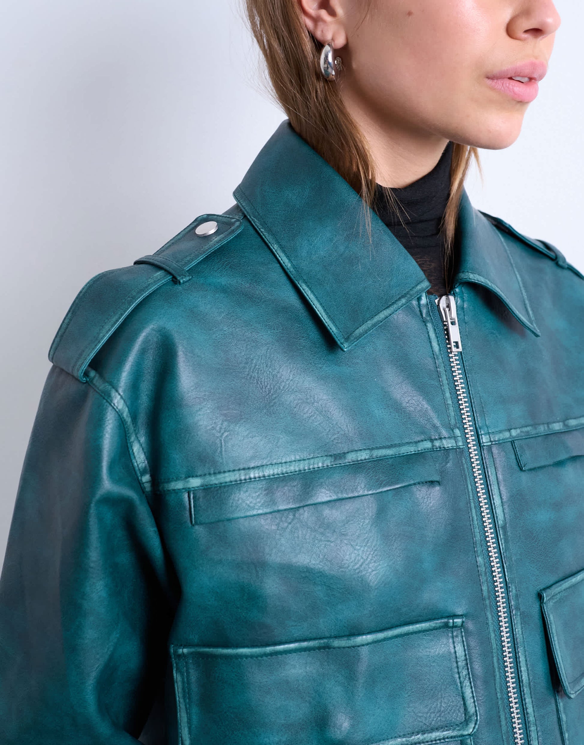 Topshop faux leather heavy washed zip through jacket in teal
