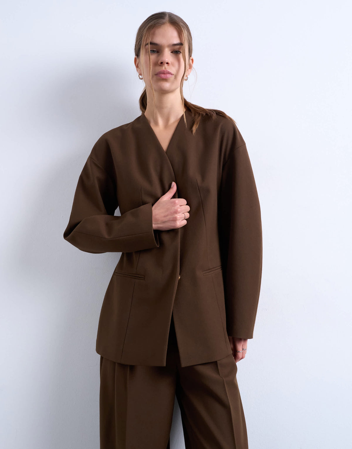 Topshop ovoid collarless suit blazer in chocolate