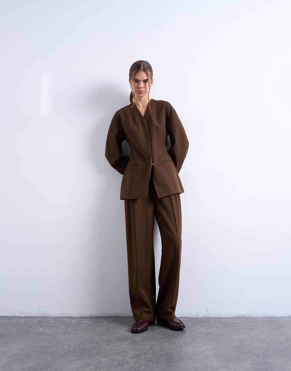 Topshop ovoid collarless suit blazer in chocolate