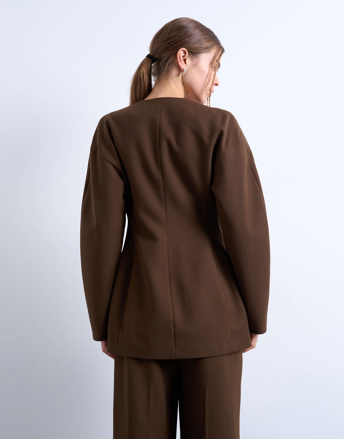 Topshop ovoid collarless suit blazer in chocolate
