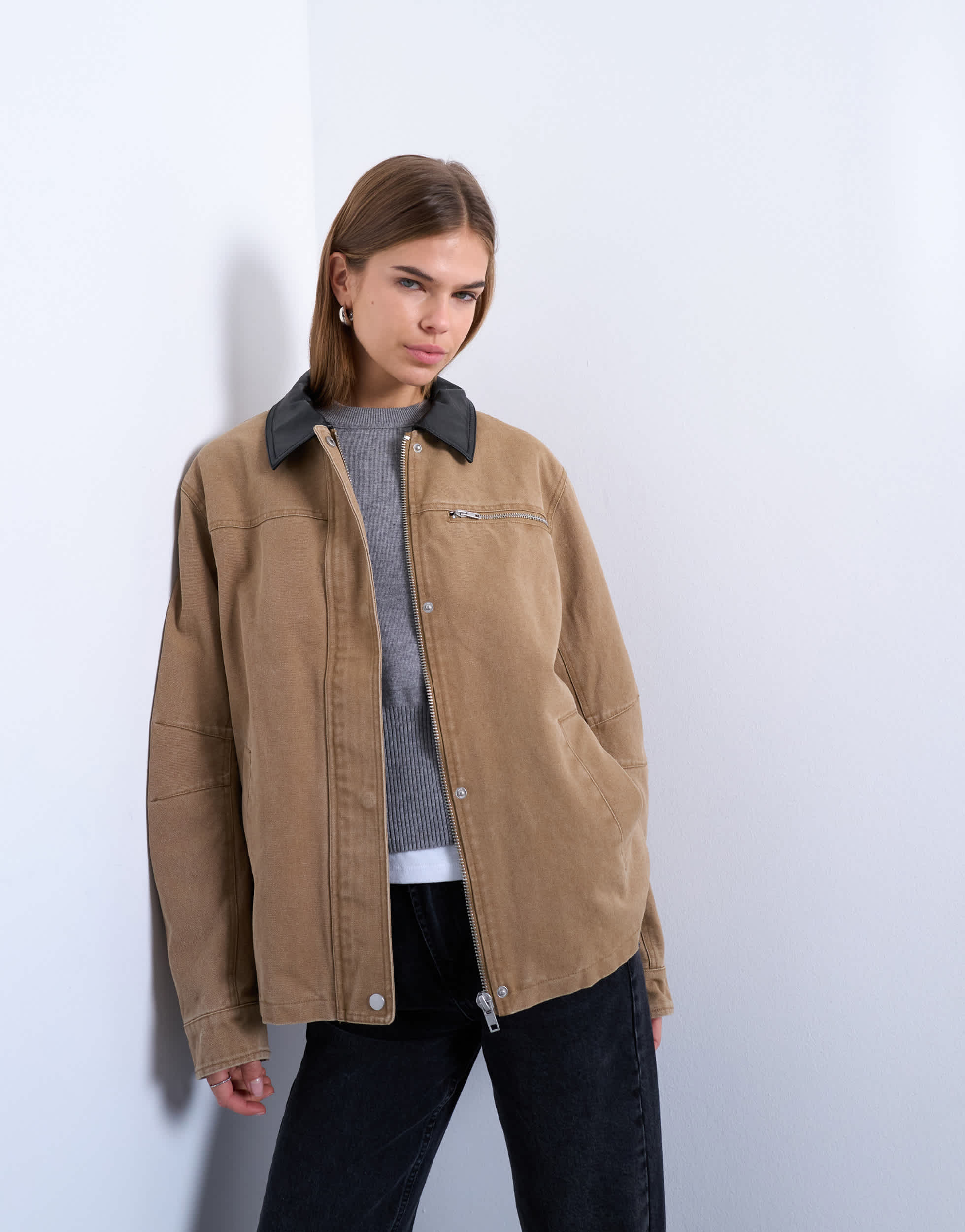 Topshop zip through barn jacket with contrast PU collar in tan - TAN