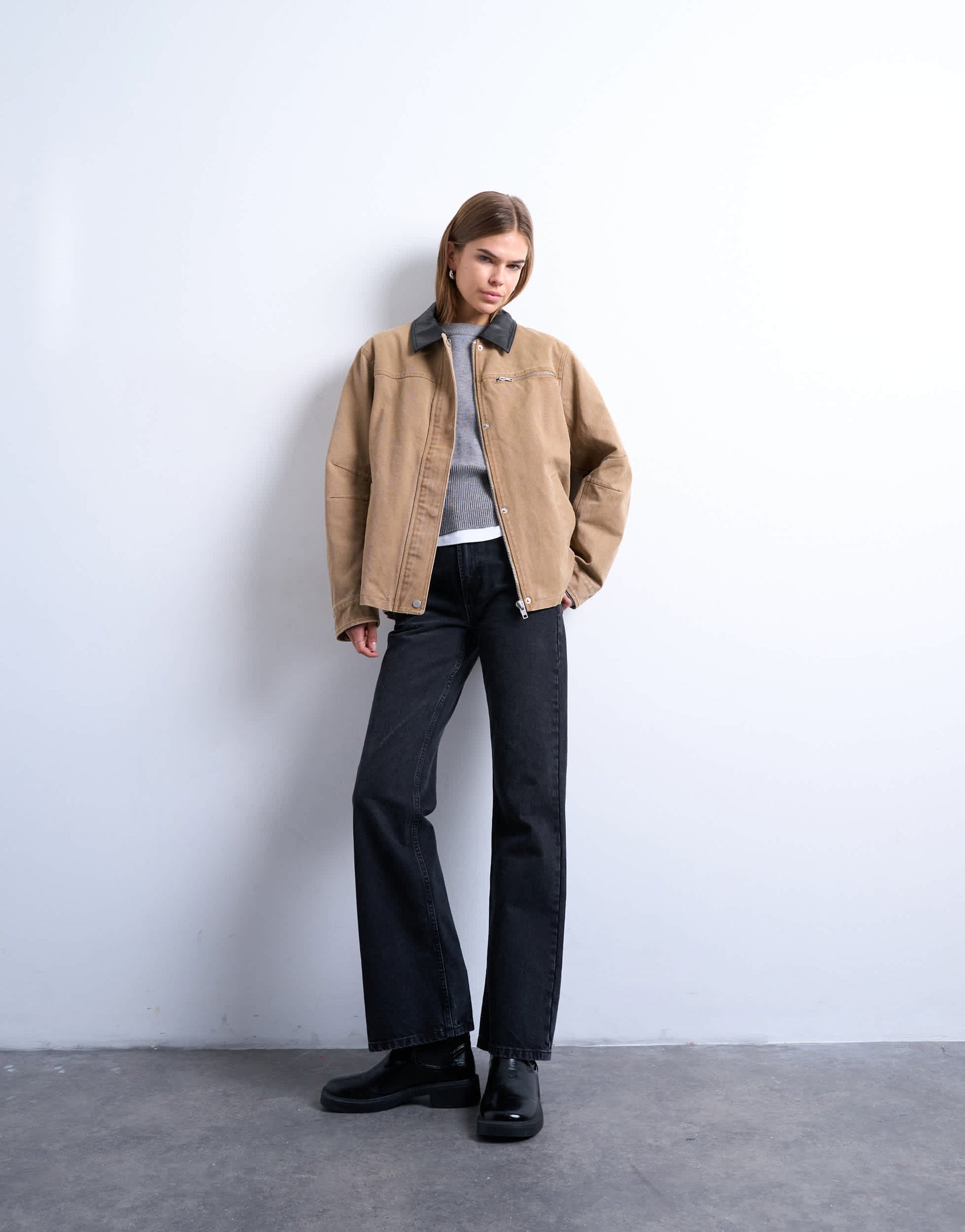 Topshop zip through barn jacket with contrast PU collar in tan - TAN