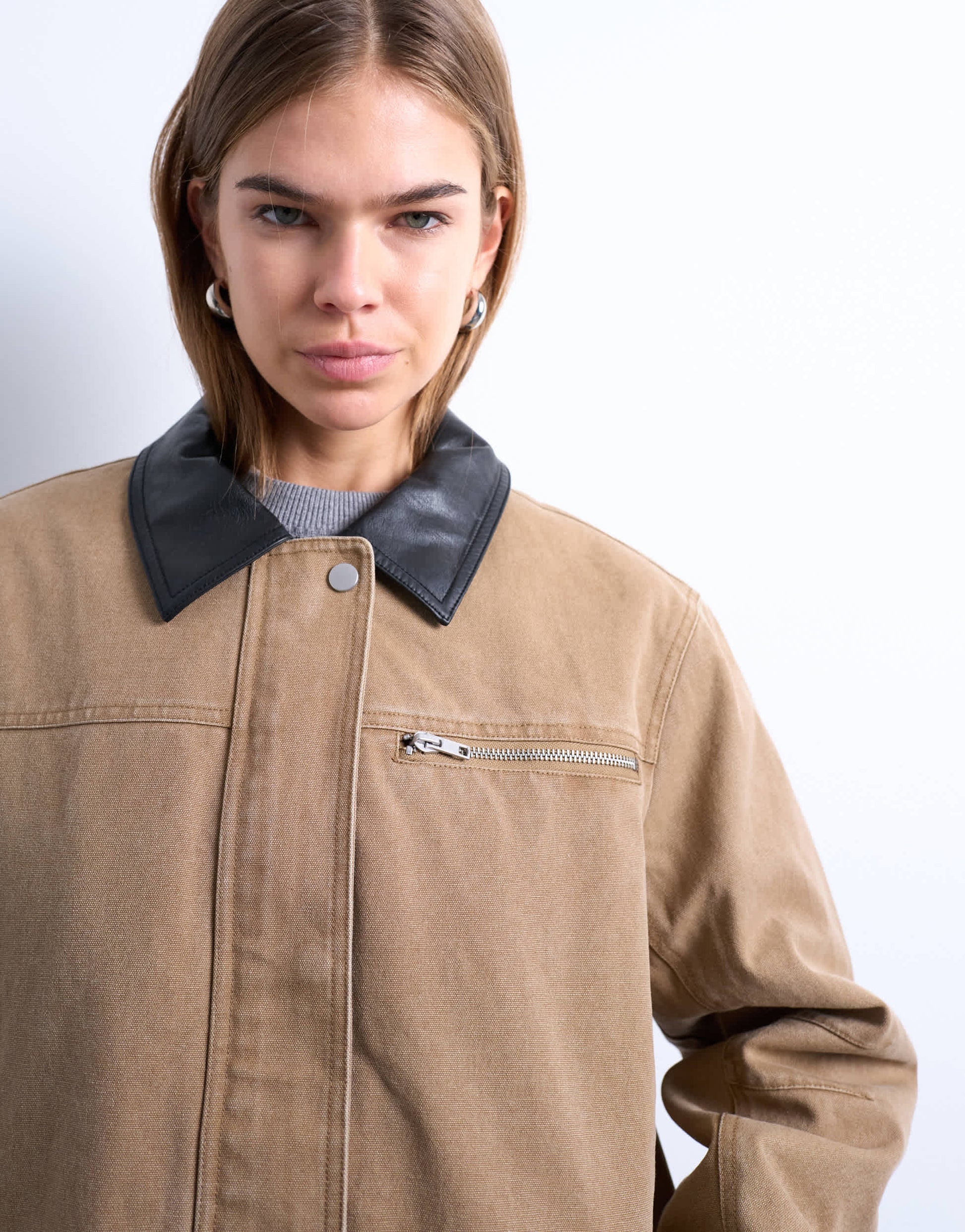 Topshop zip through barn jacket with contrast PU collar in tan - TAN
