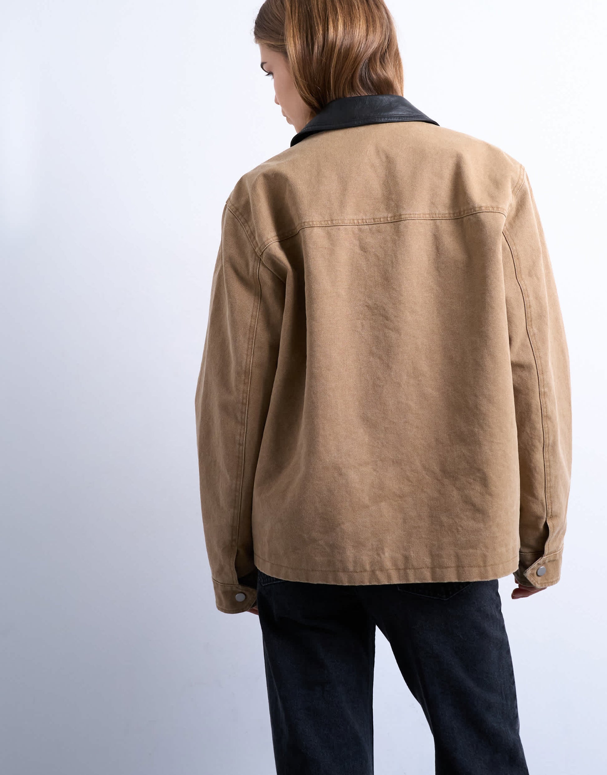 Topshop zip through barn jacket with contrast PU collar in tan - TAN