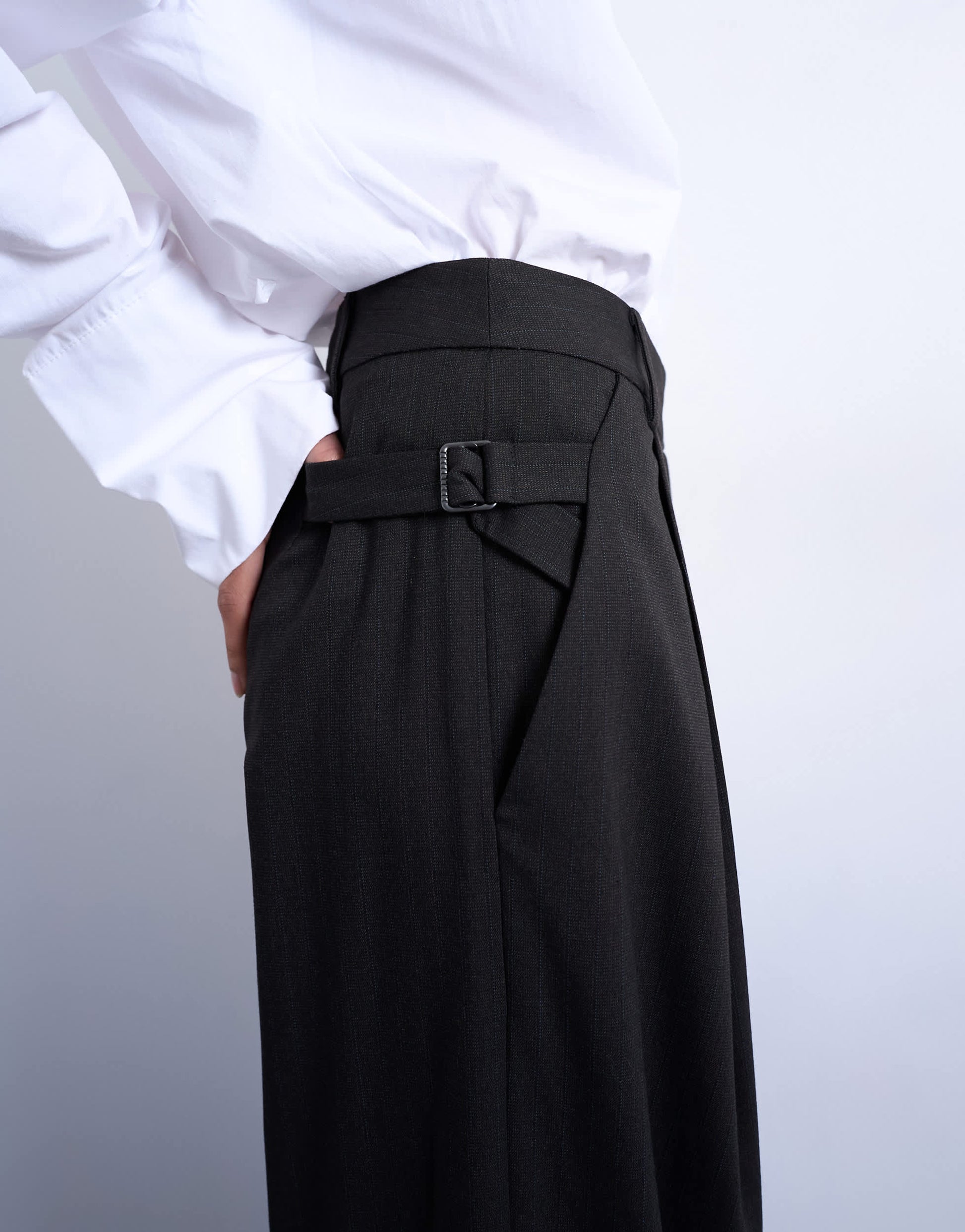 Topshop co ord subtle pinstripe low rise buckle detail trouser in dark chocolate