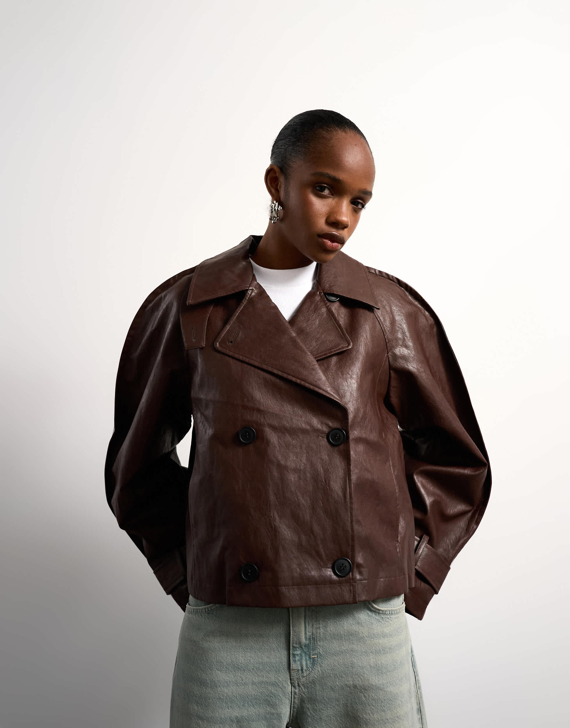 Topshop faux leather ovoid sleeve short trench in brown