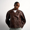 Topshop faux leather ovoid sleeve short trench in brown