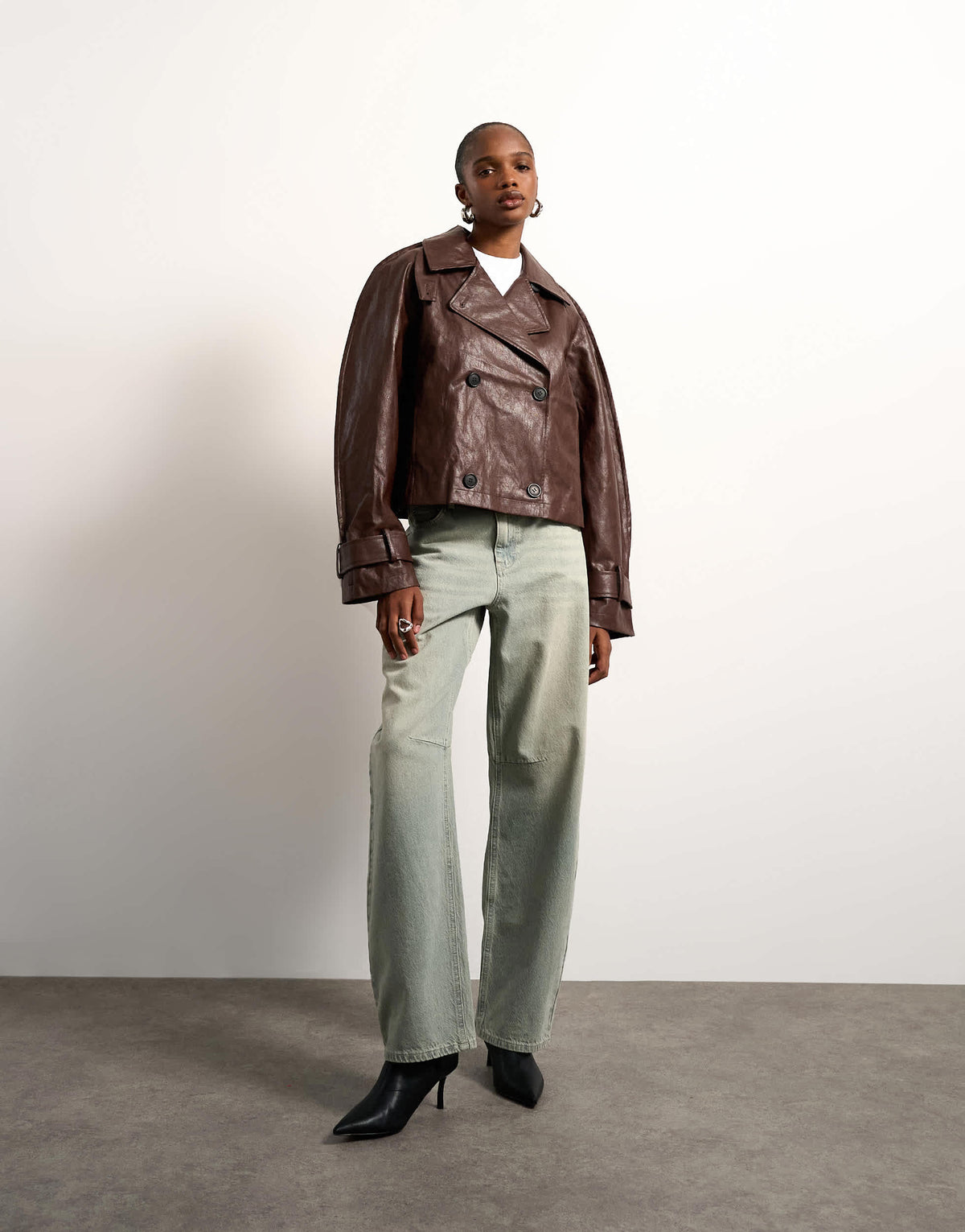 Topshop faux leather ovoid sleeve short trench in brown
