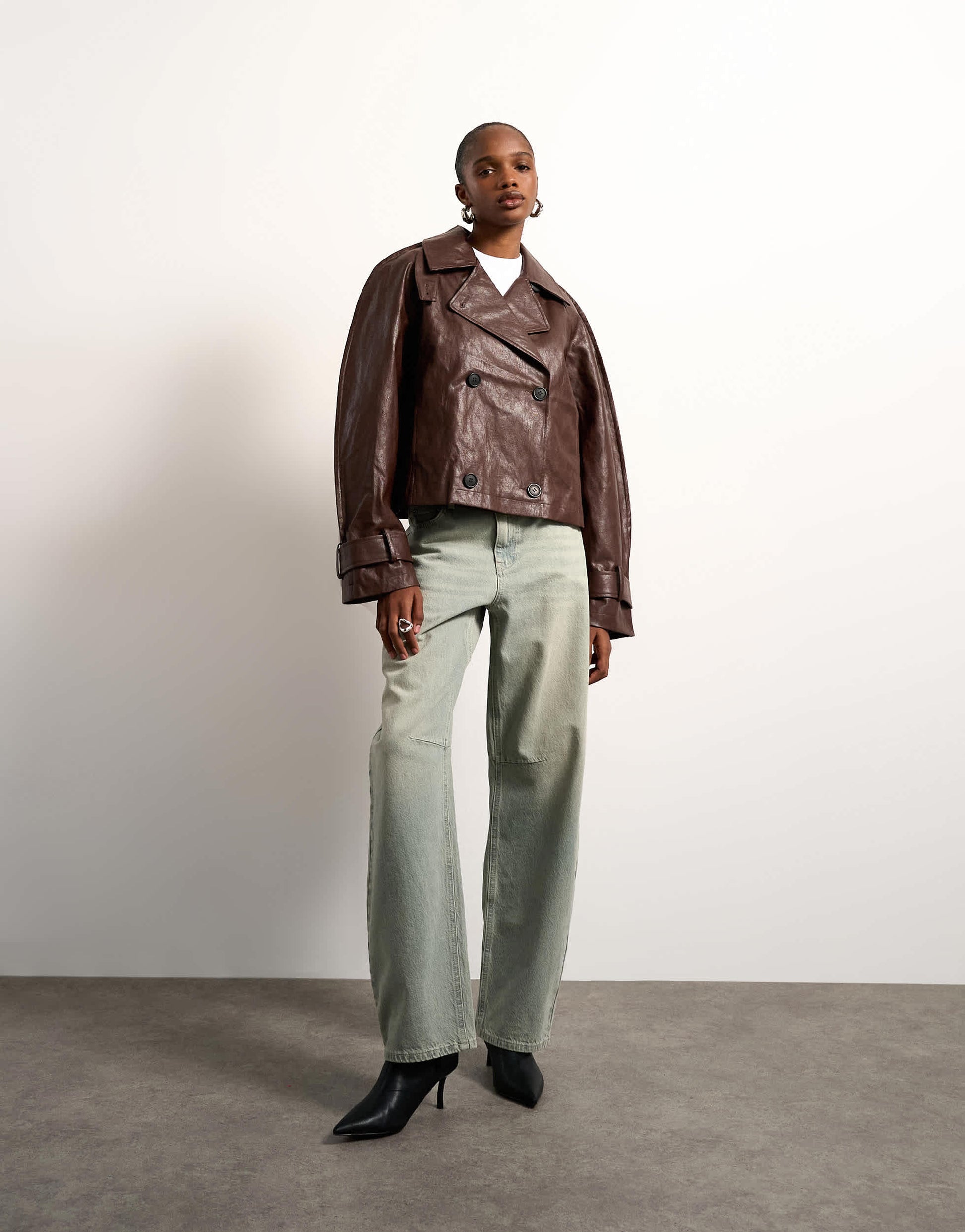 Topshop faux leather ovoid sleeve short trench in brown