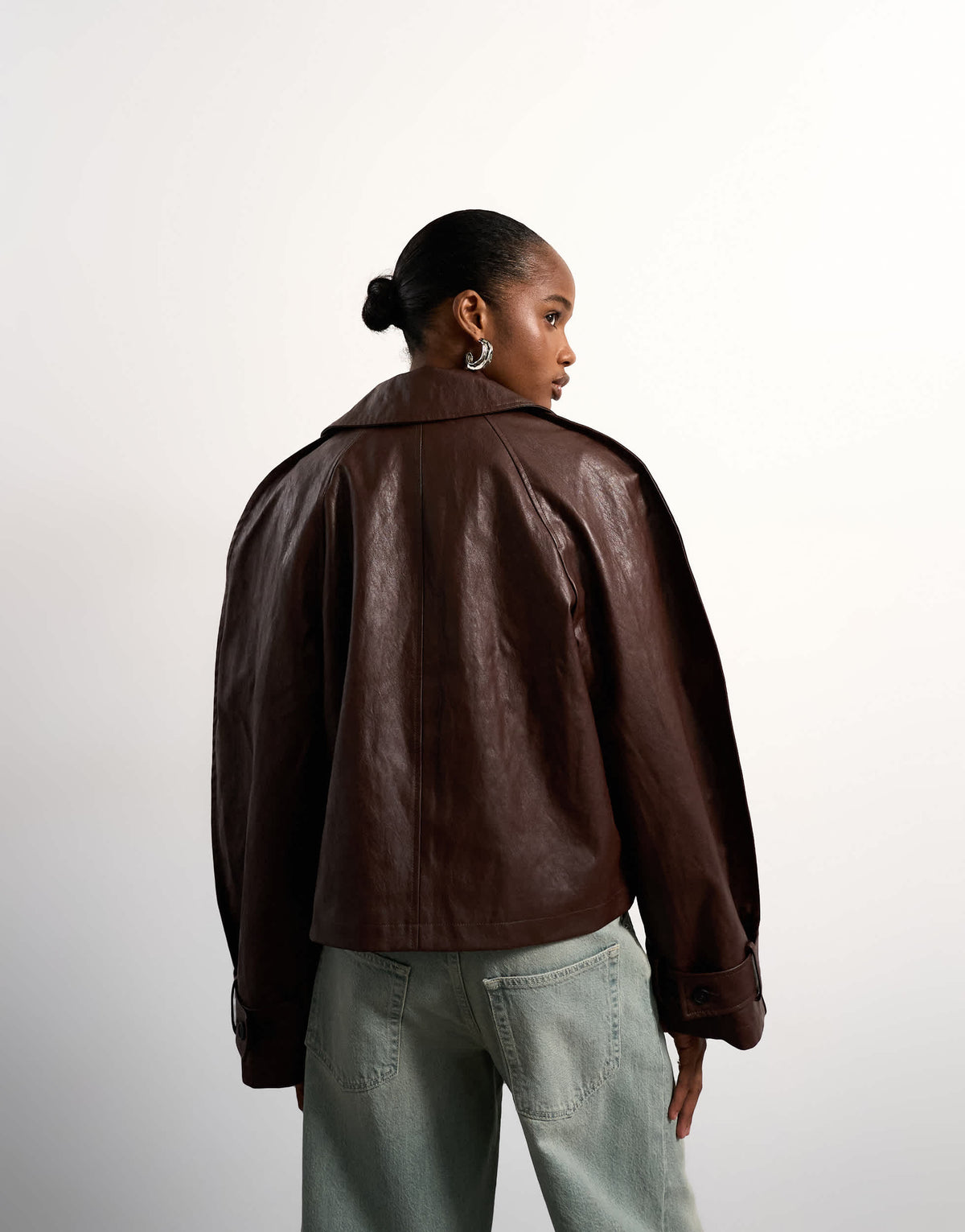 Topshop faux leather ovoid sleeve short trench in brown