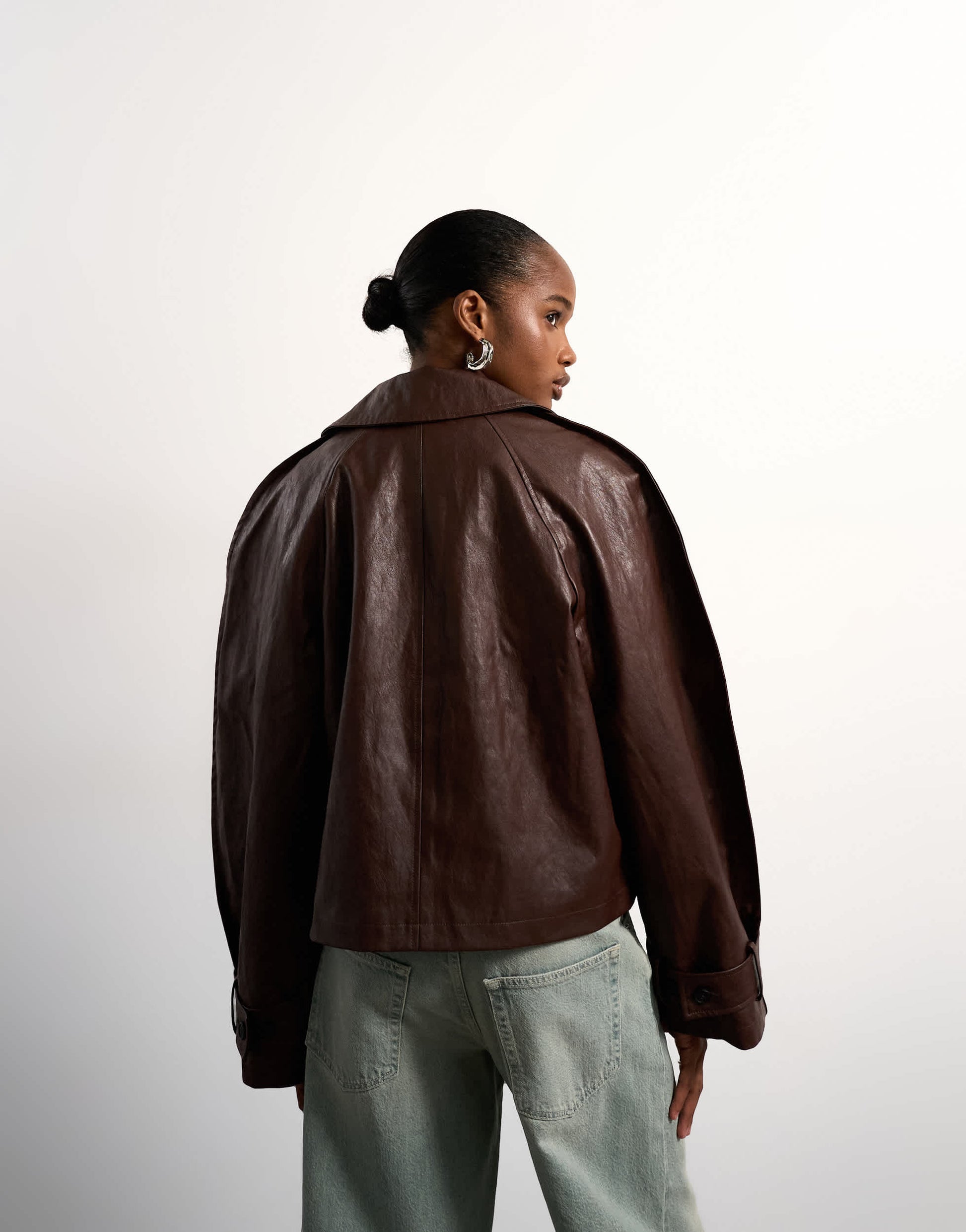 Topshop faux leather ovoid sleeve short trench in brown