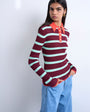 Topshop knitted striped collar polo in burgundy and green