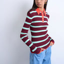 Topshop knitted striped collar polo in burgundy and green