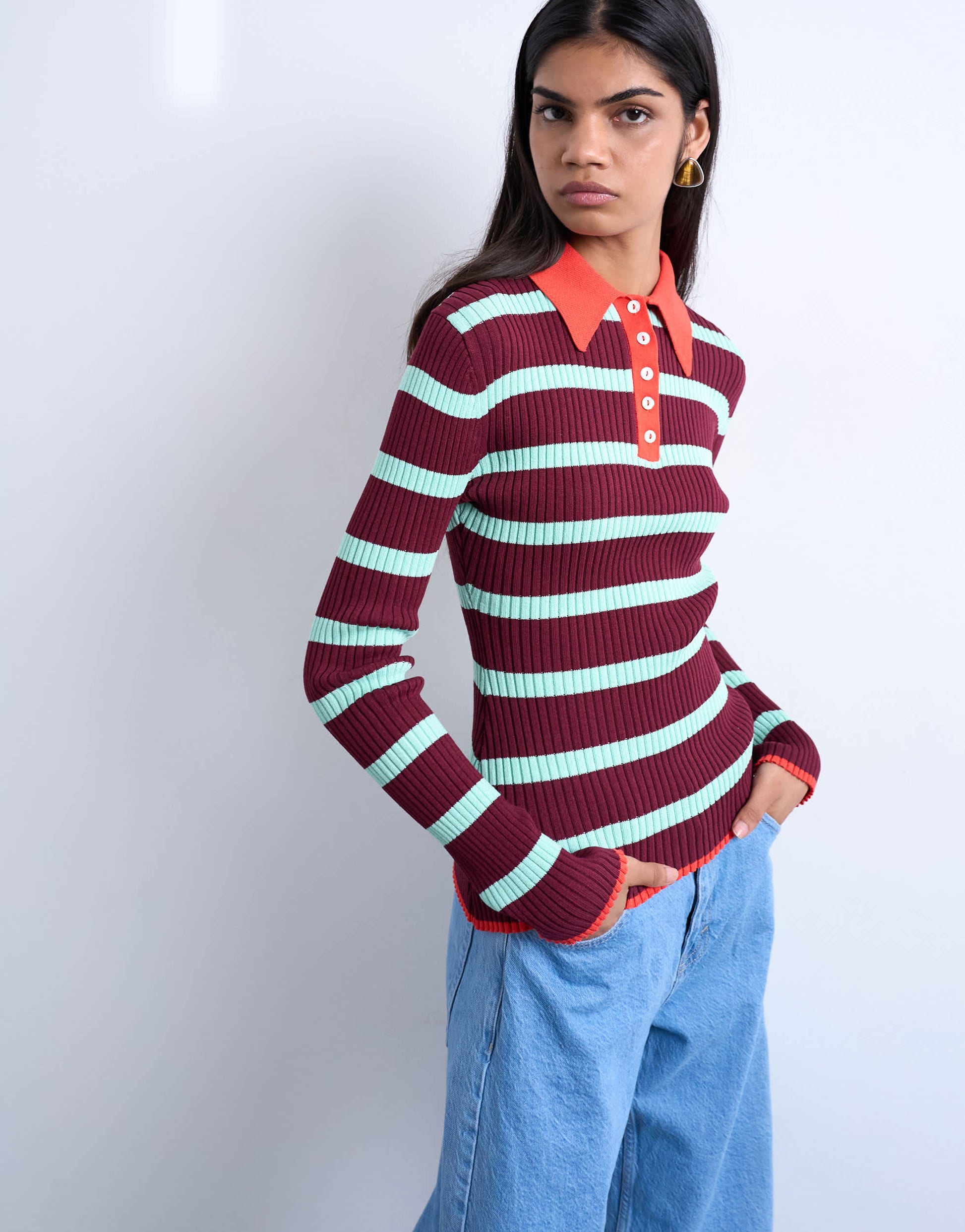 Topshop knitted striped collar polo in burgundy and green