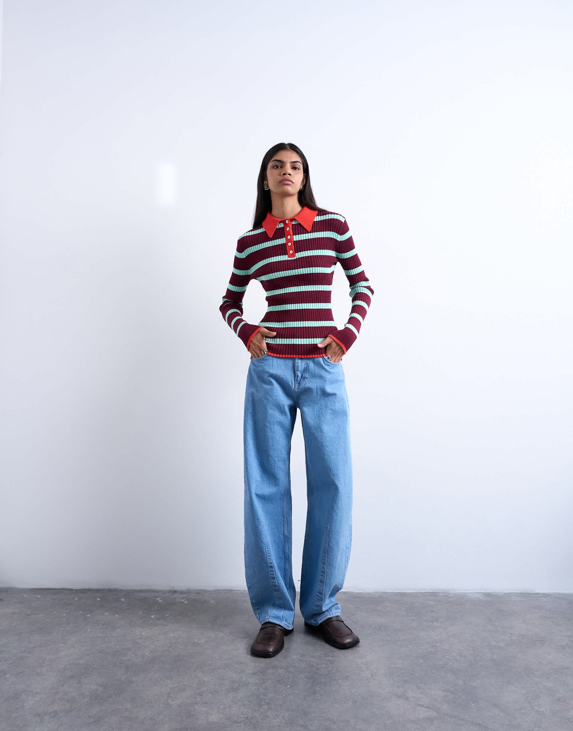 Topshop knitted striped collar polo in burgundy and green