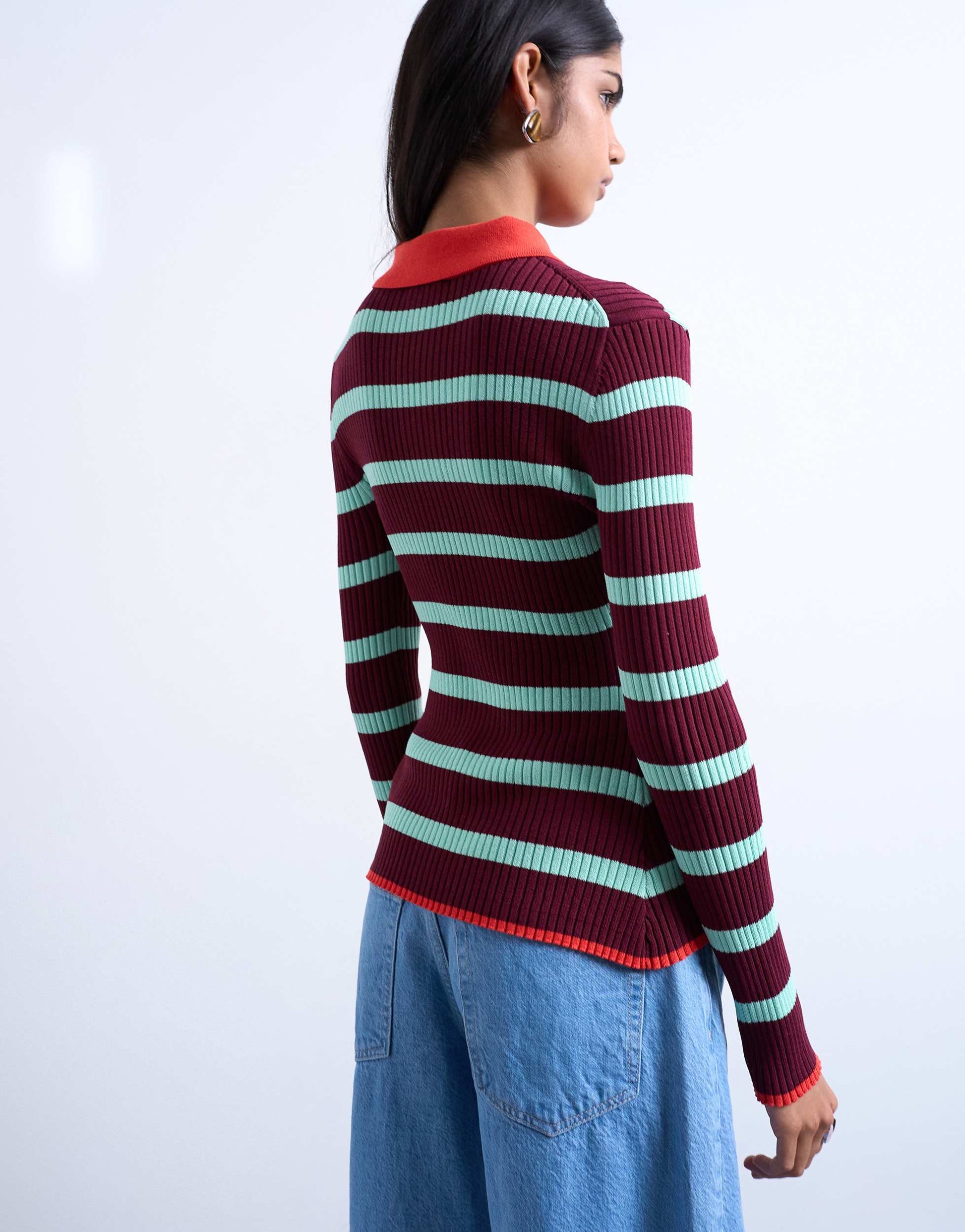 Topshop knitted striped collar polo in burgundy and green
