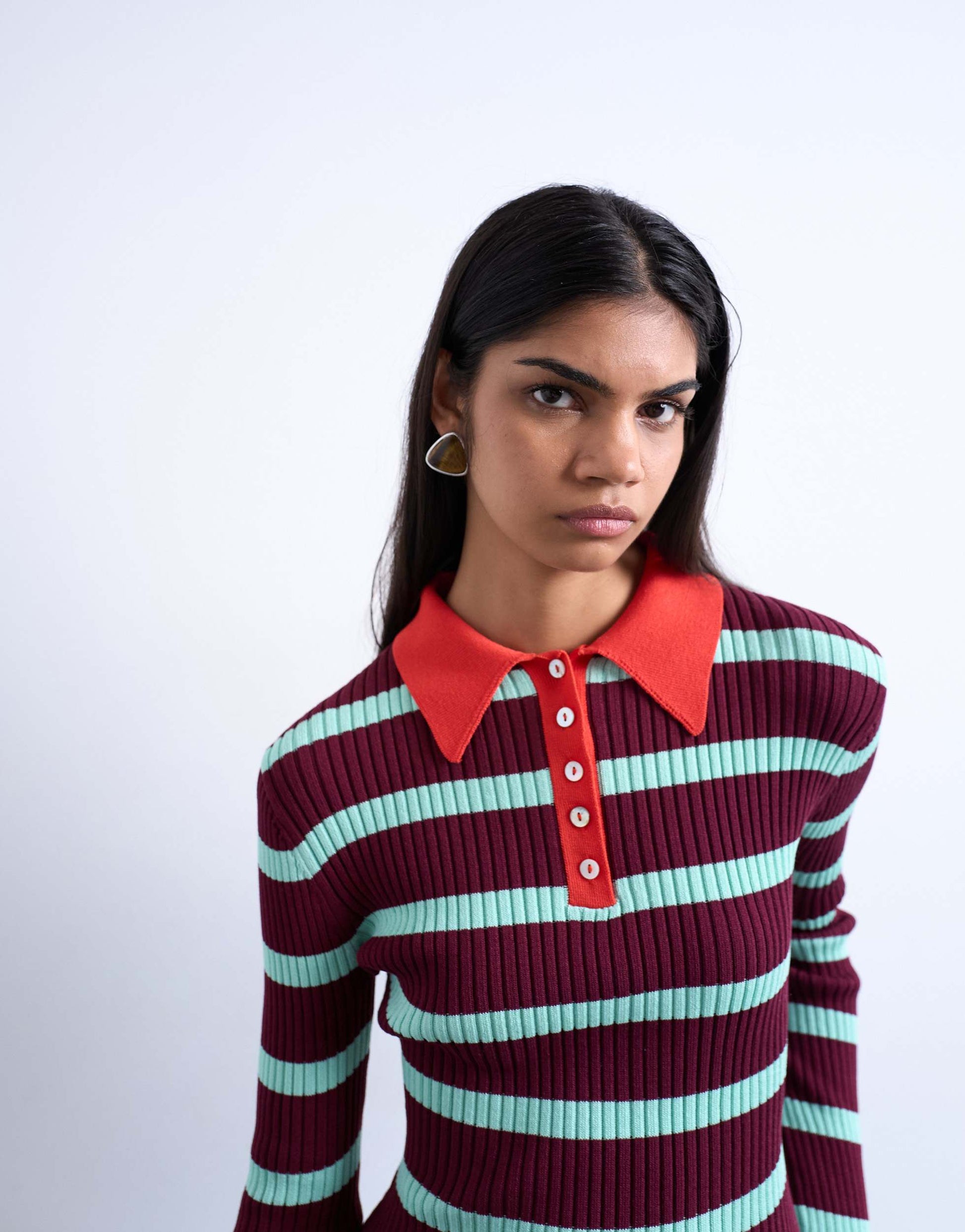 Topshop knitted striped collar polo in burgundy and green