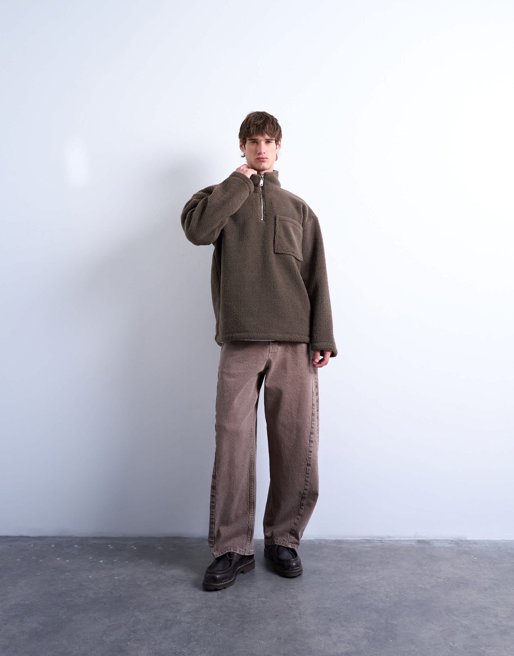 Topman 1/4 zip borg sweatshirt in  dark brown