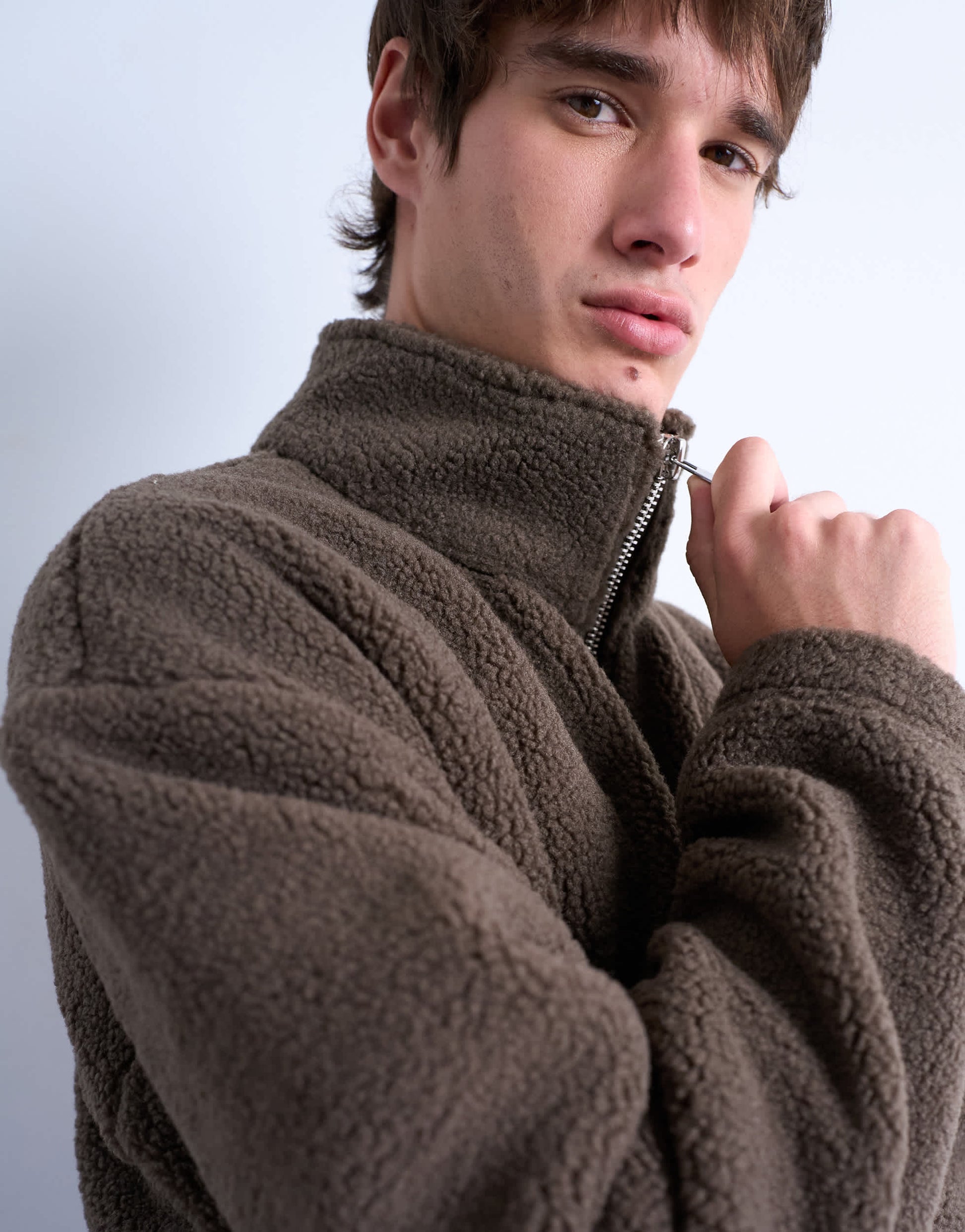 Topman 1/4 zip borg sweatshirt in  dark brown