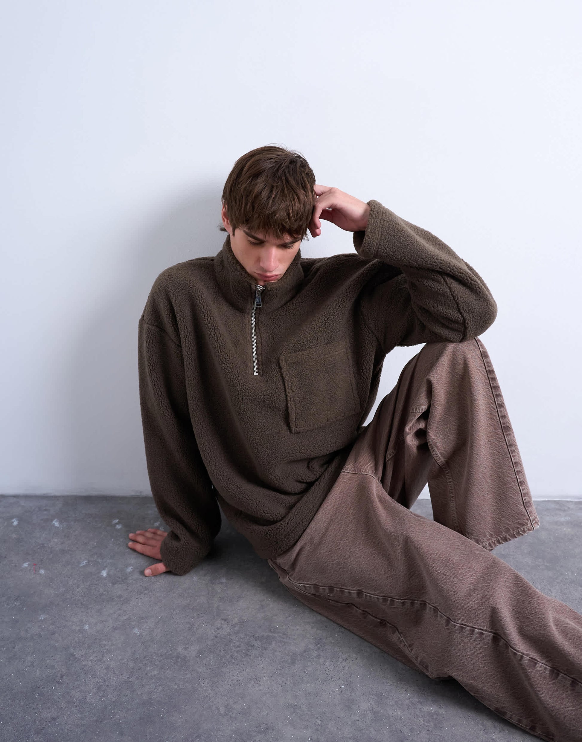 Topman 1/4 zip borg sweatshirt in  dark brown