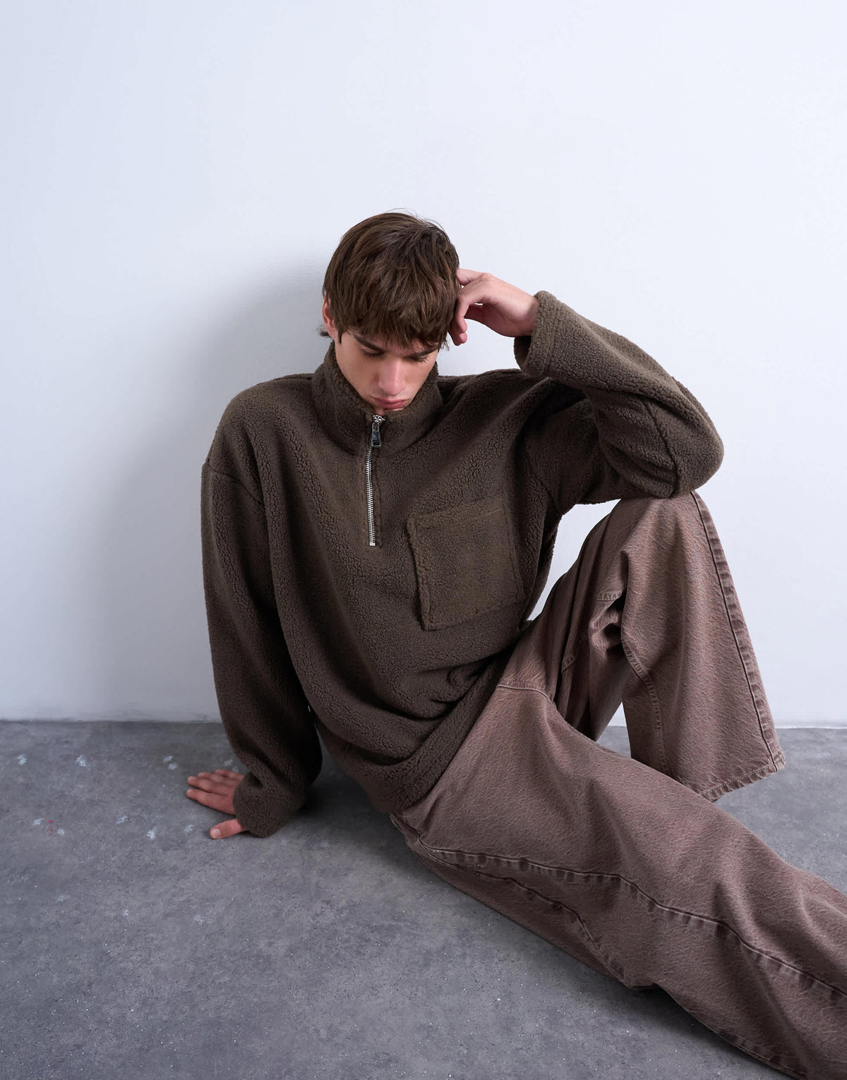 Topman 1/4 zip borg sweatshirt in  dark brown