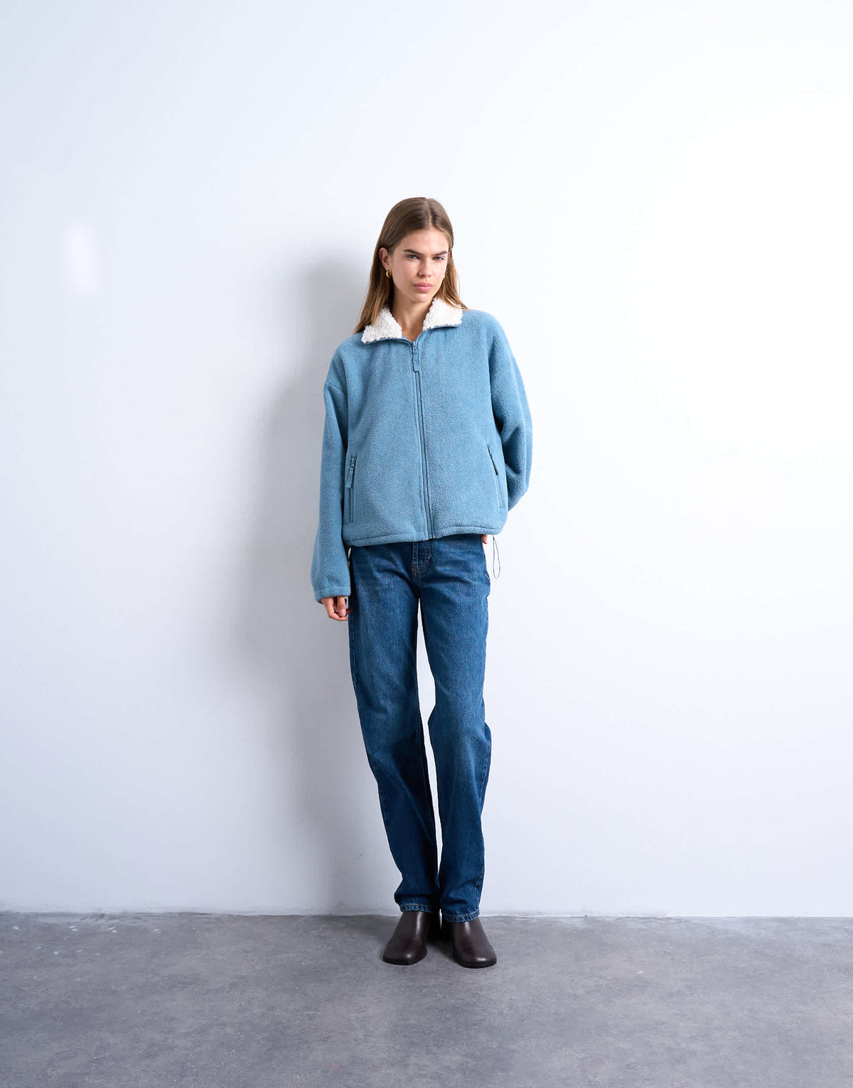 Topshop borg fleece funnel zip through in blue
