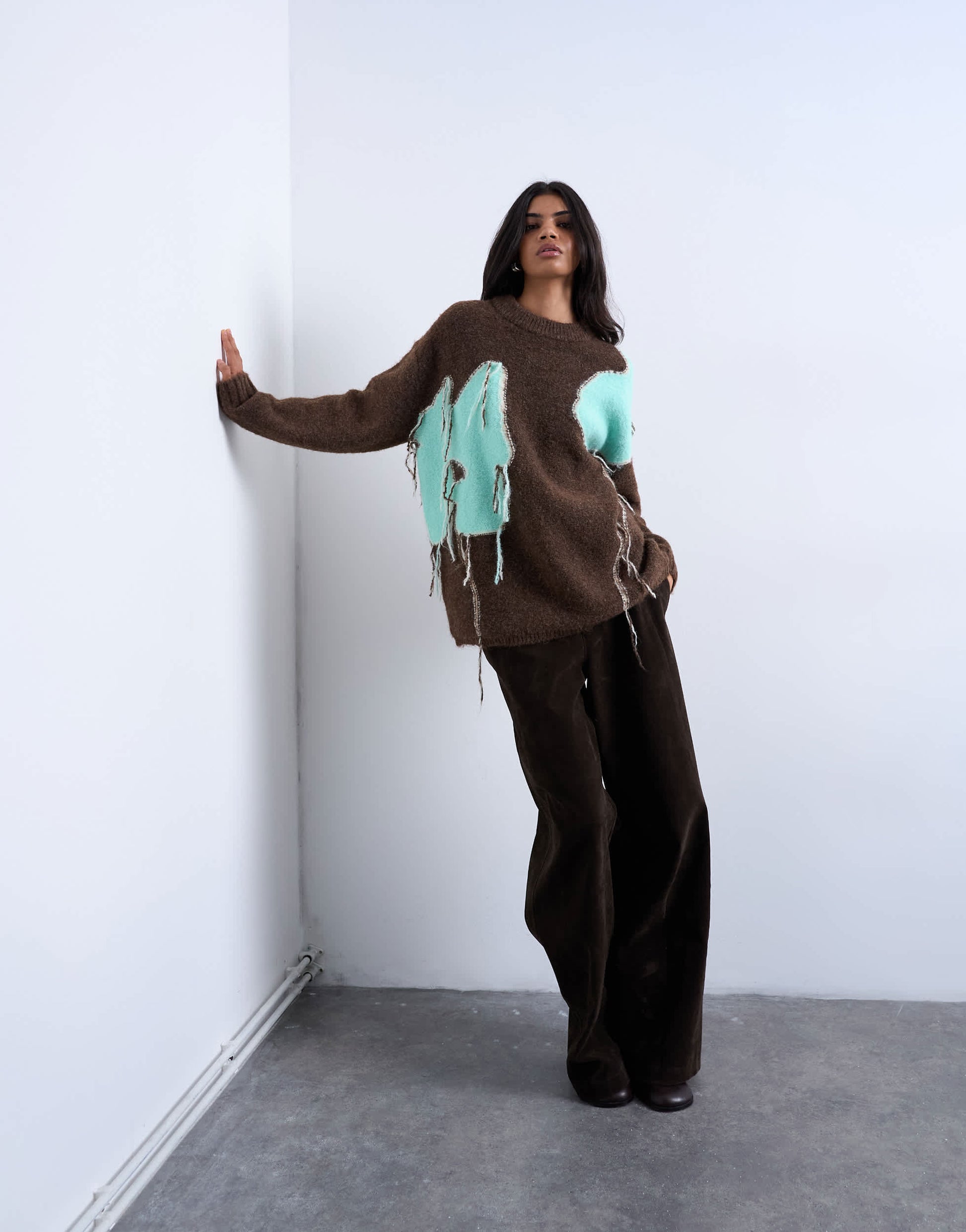 Topshop knitted placement floral tassel jumper in chocolate