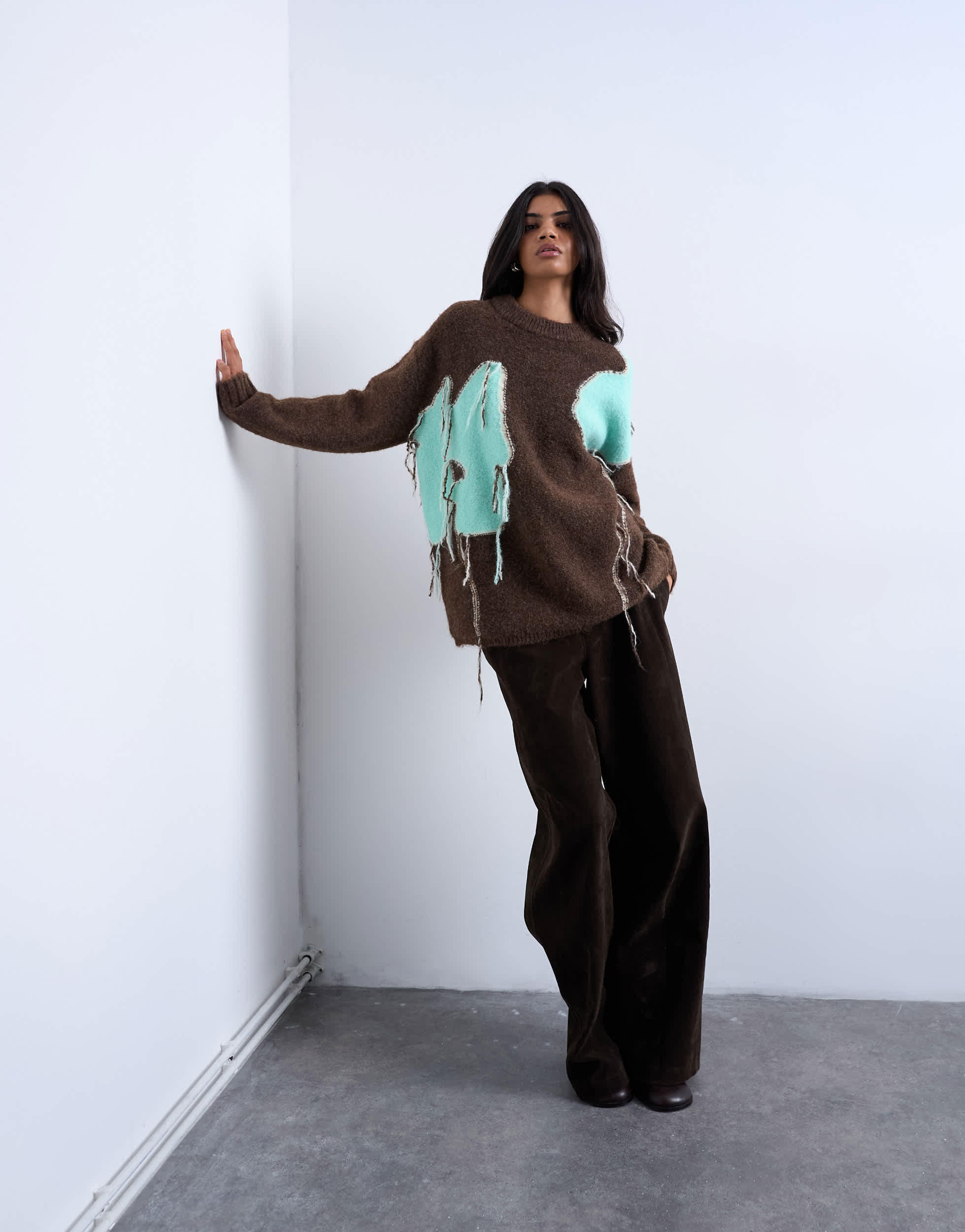 Topshop knitted placement floral tassel jumper in chocolate