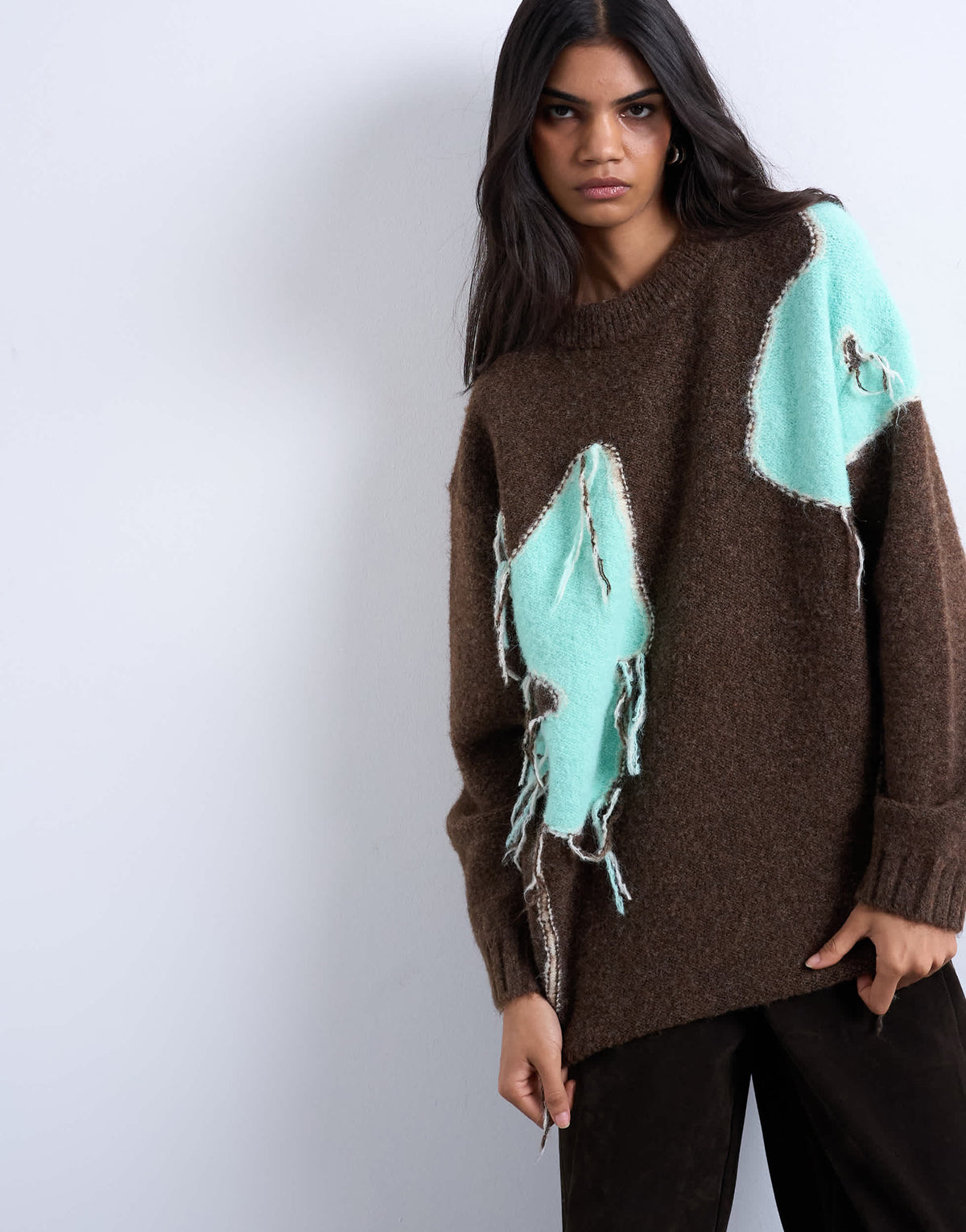 Topshop knitted placement floral tassel jumper in chocolate