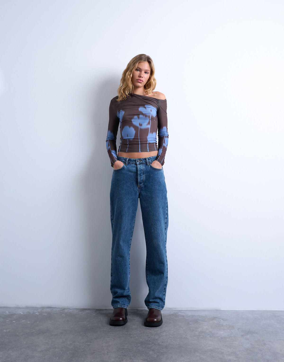 Topshop microfibre floral print ruched long sleeve top in brown