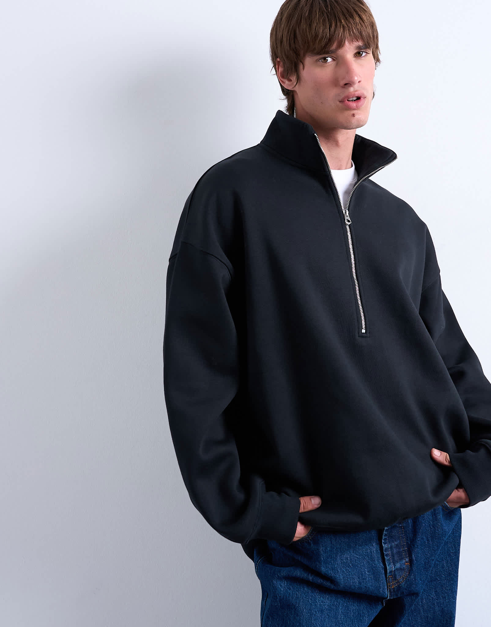 Topman premium oversized fit  1/4 zip funnel neck in black