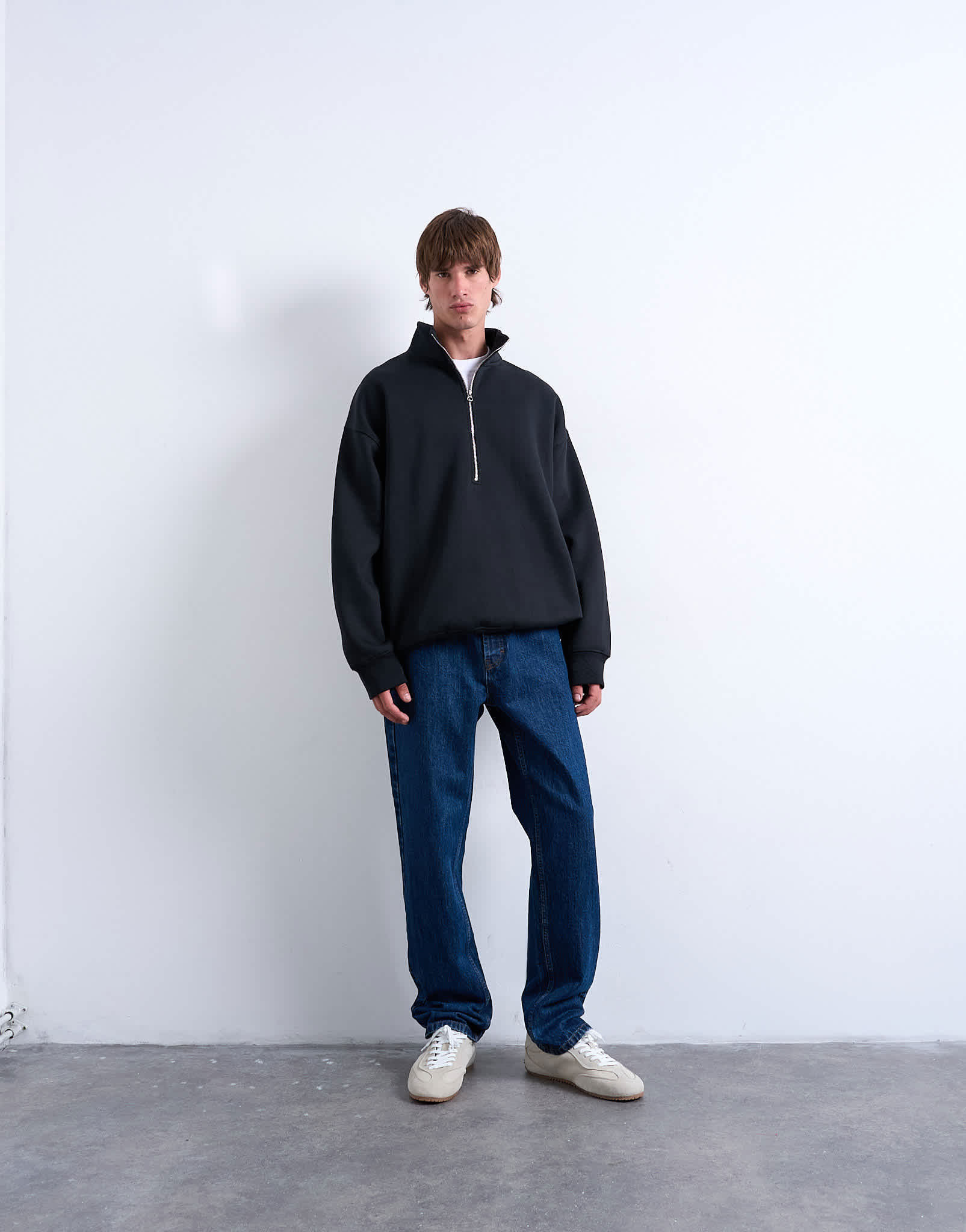 Topman premium oversized fit  1/4 zip funnel neck in black