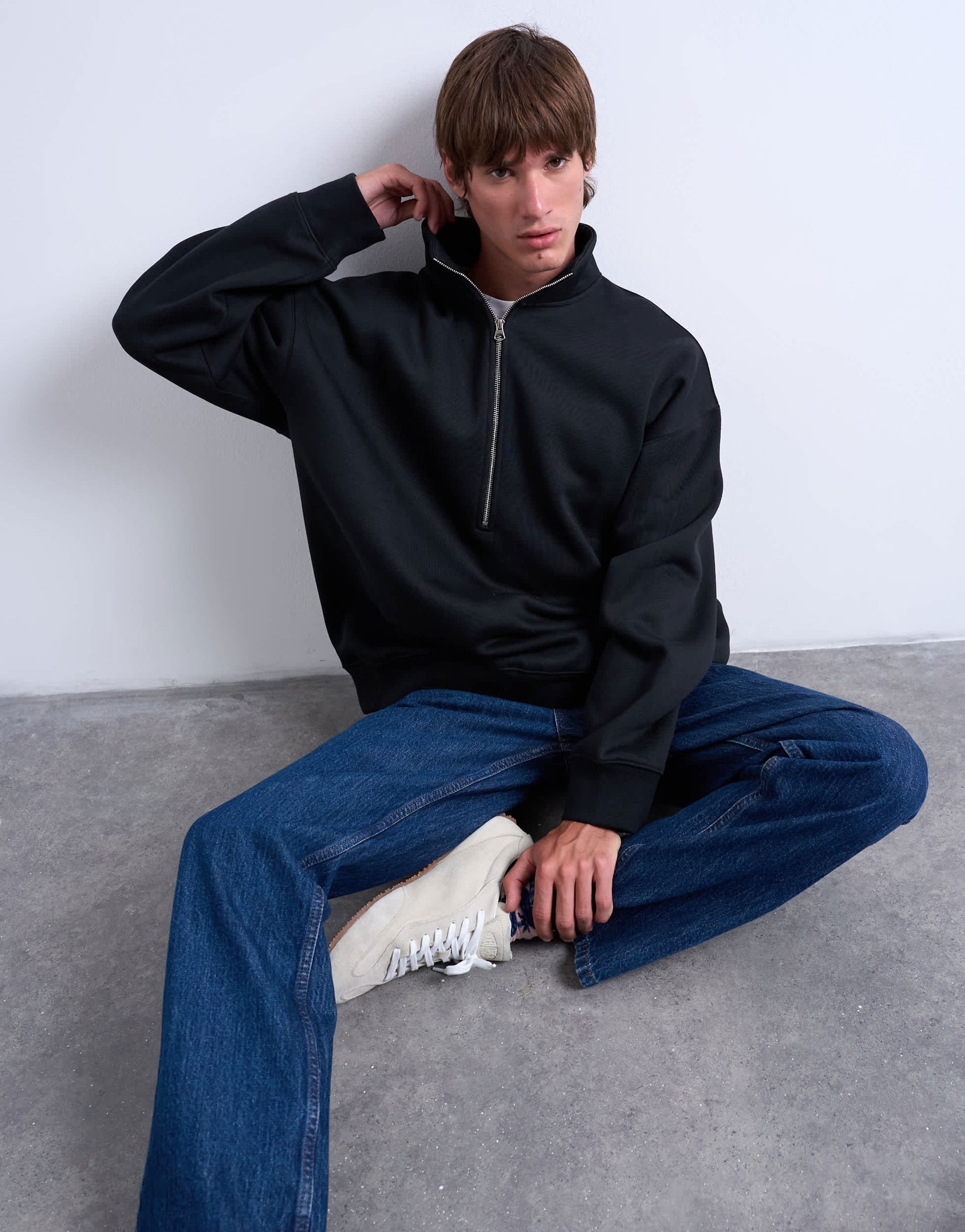 Topman premium oversized fit  1/4 zip funnel neck in black