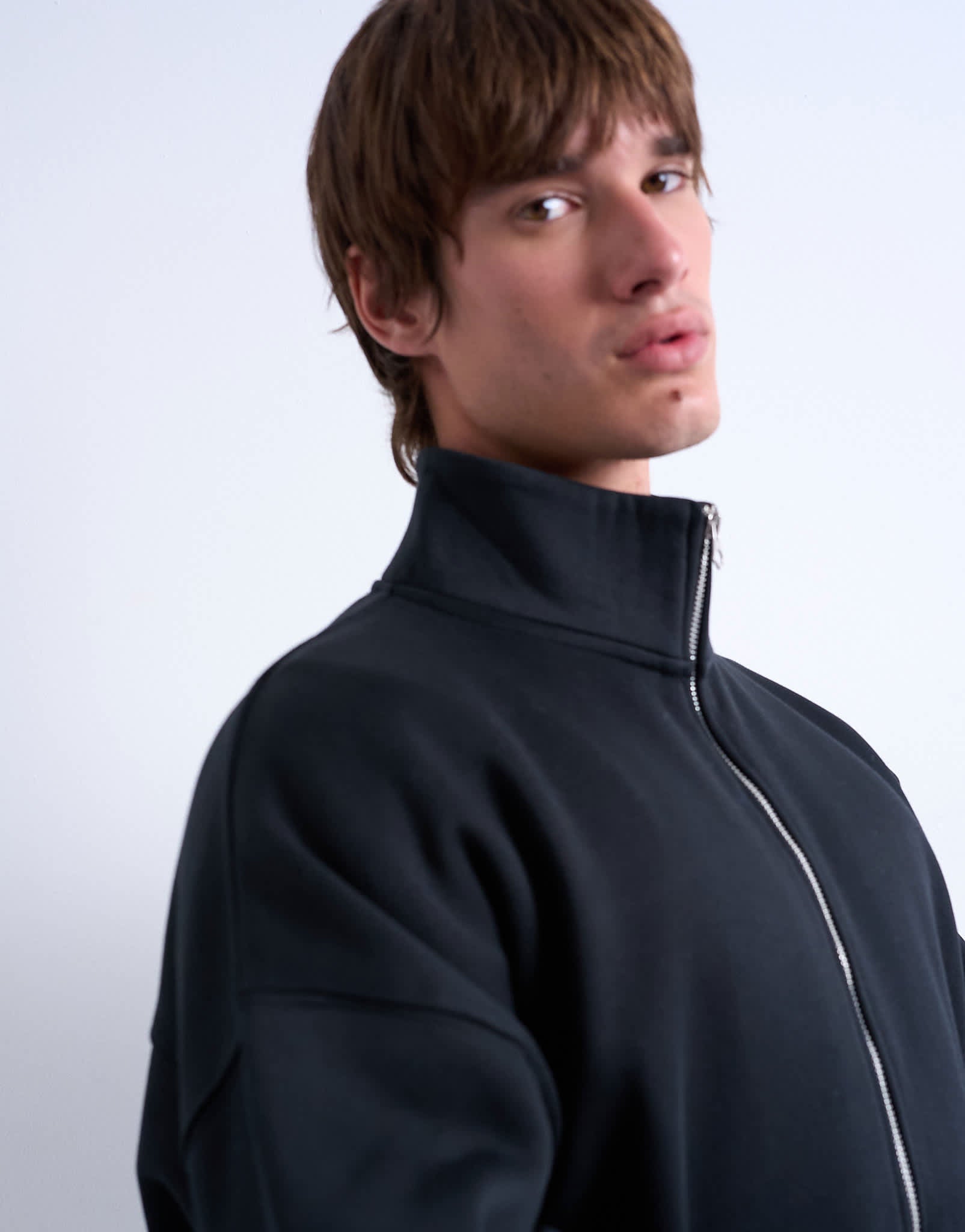 Topman premium oversized fit  1/4 zip funnel neck in black
