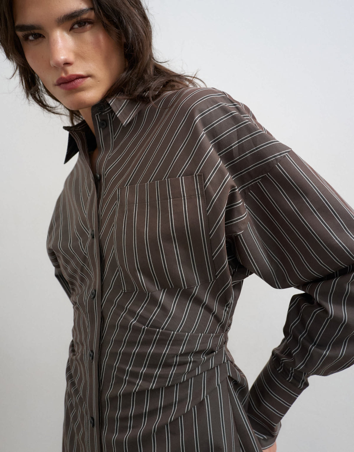 Topshop gathered waist long sleeve shirt dress in burgundy stripe