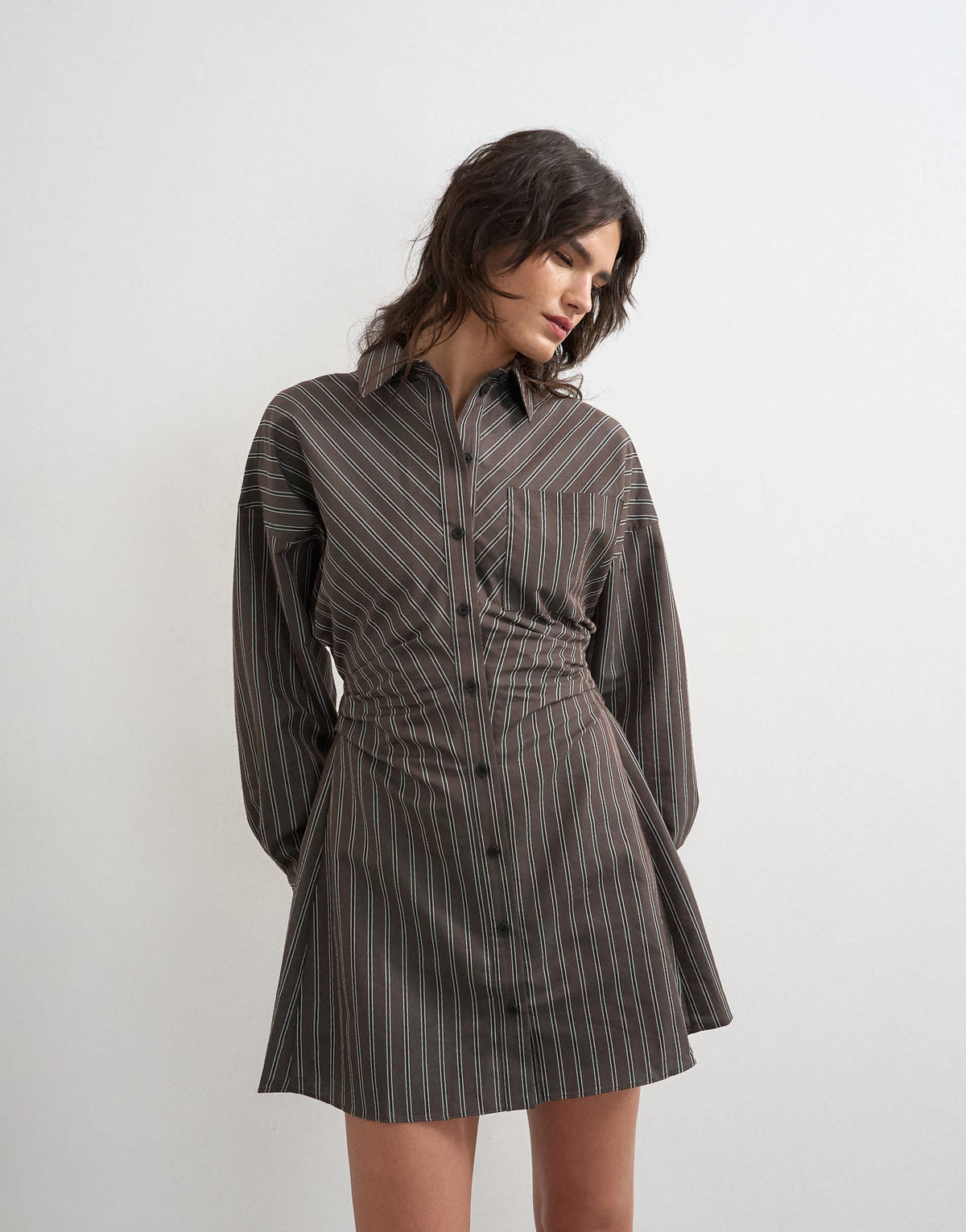 Topshop gathered waist long sleeve shirt dress in burgundy stripe