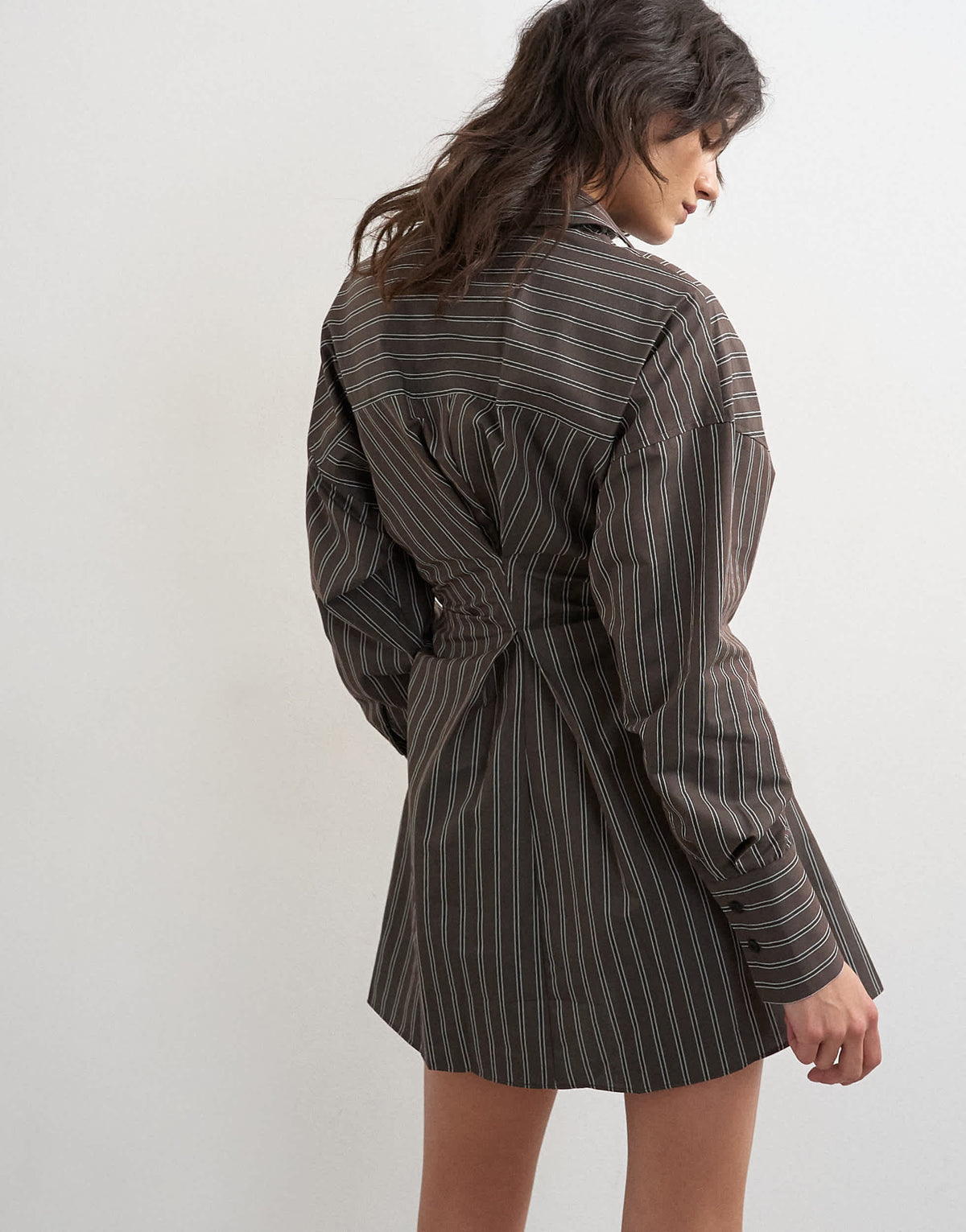 Topshop gathered waist long sleeve shirt dress in burgundy stripe