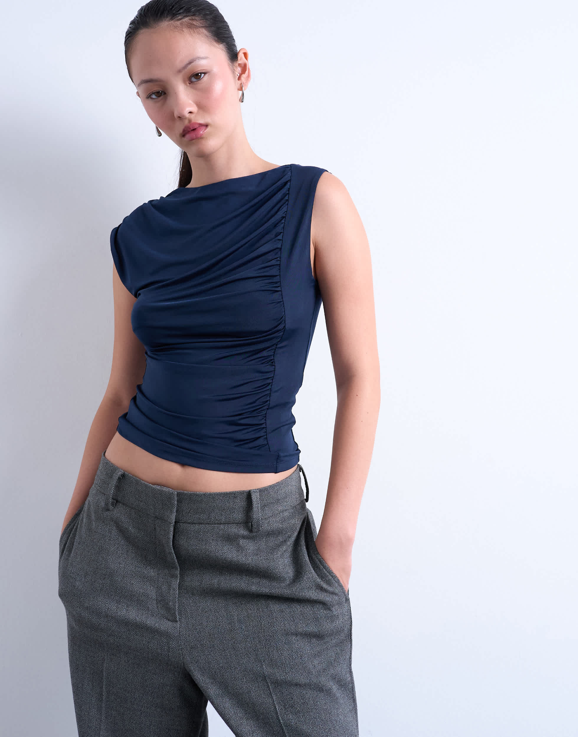 Topshop ruched draped tank in navy