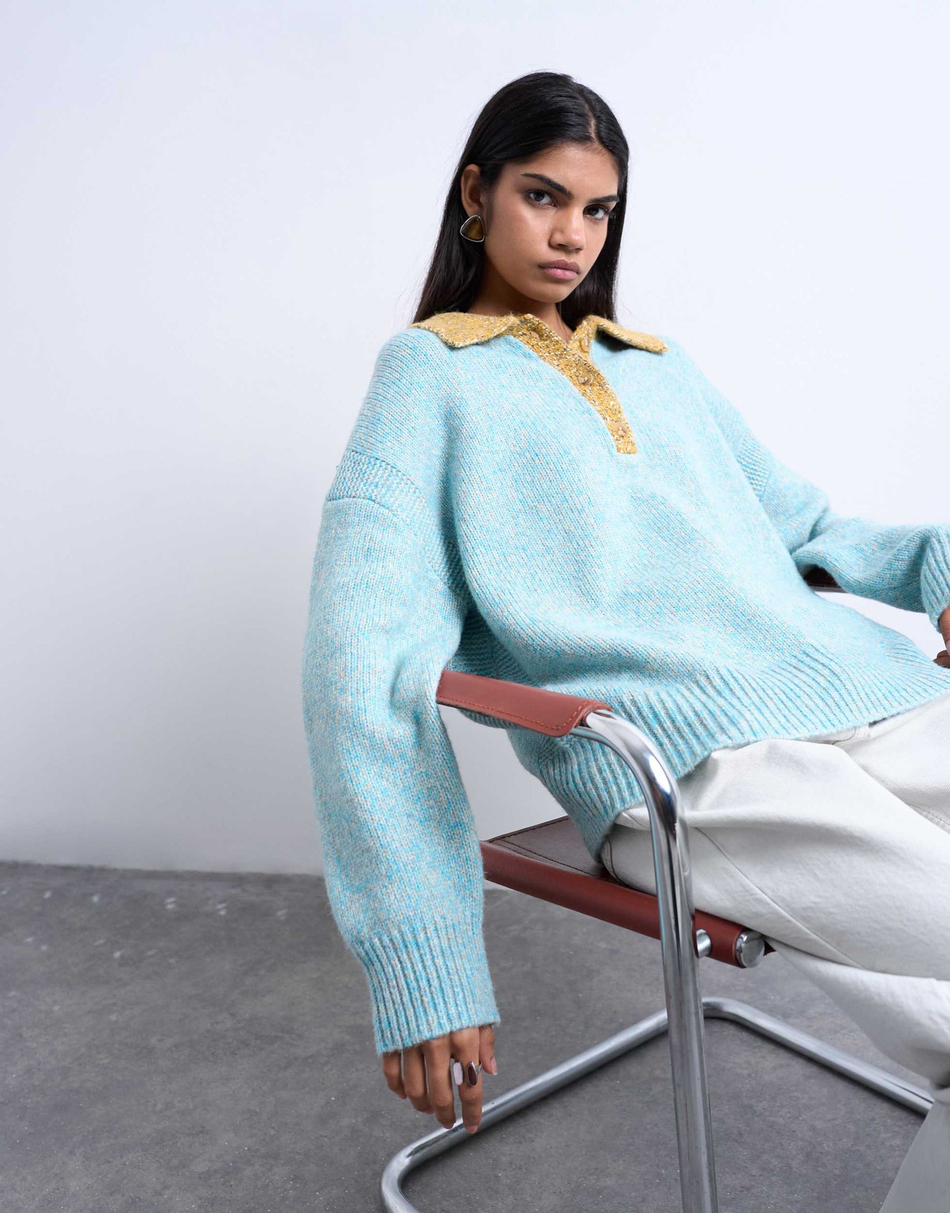 Topshop knitted oversized twist yarn contrast collar polo in blue
