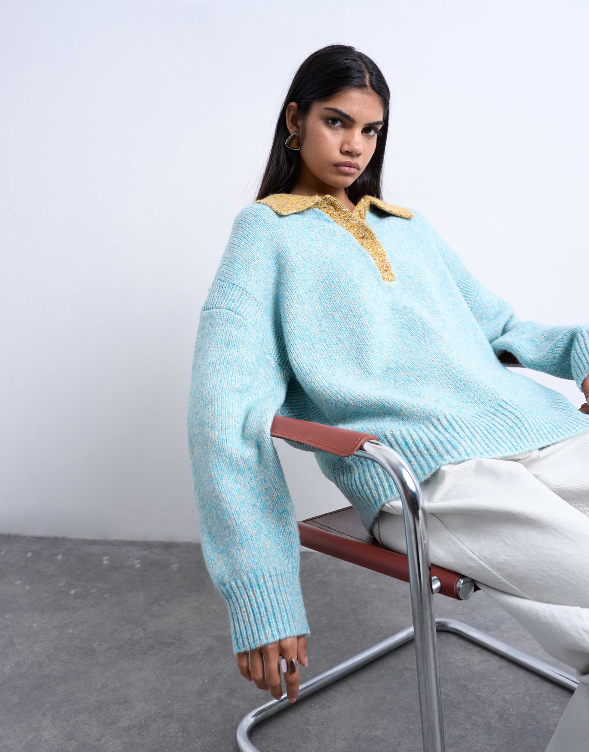 Topshop knitted oversized twist yarn contrast collar polo in blue