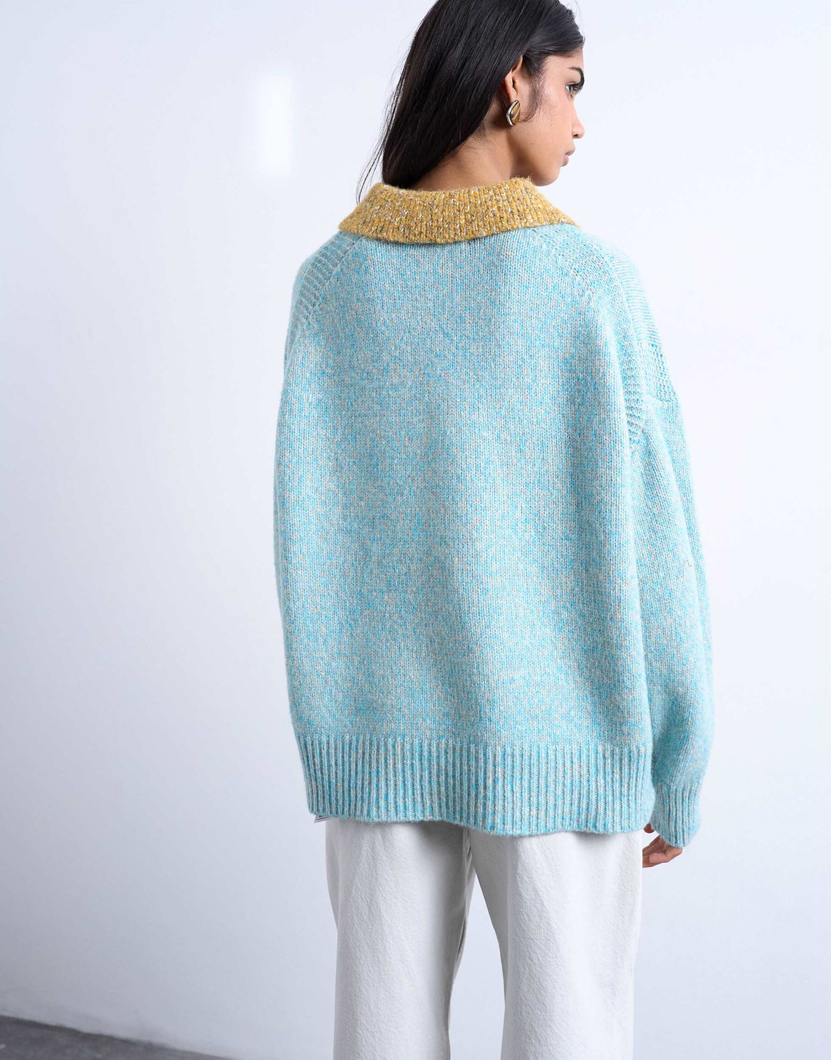 Topshop knitted oversized twist yarn contrast collar polo in blue