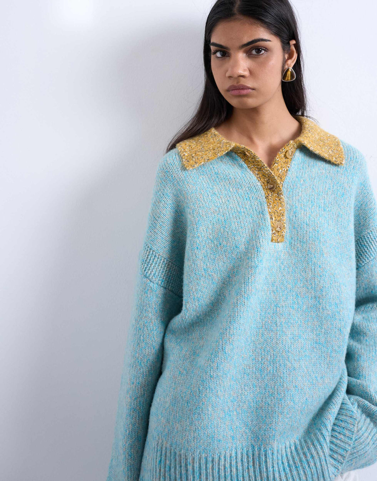 Topshop knitted oversized twist yarn contrast collar polo in blue
