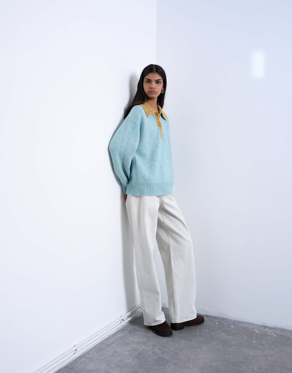 Topshop knitted oversized twist yarn contrast collar polo in blue