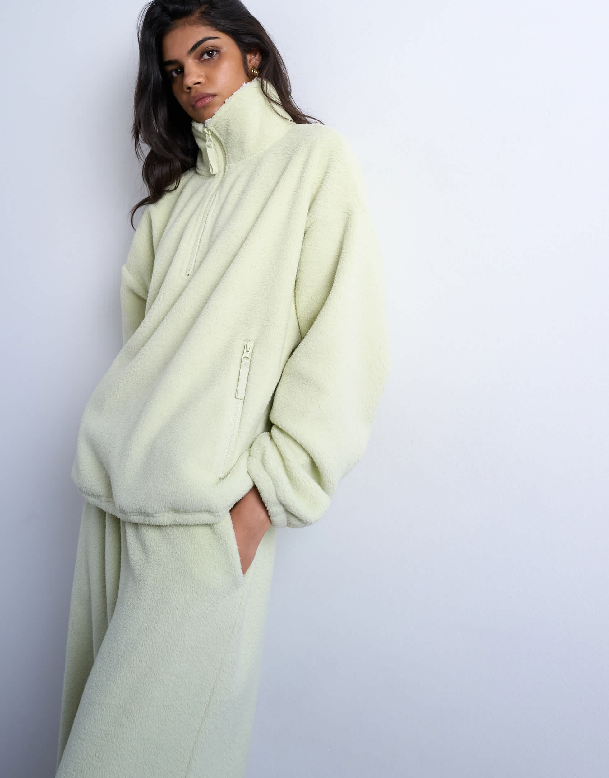 Ensemble Topshop en polaire Borg, col zippé, vert citron