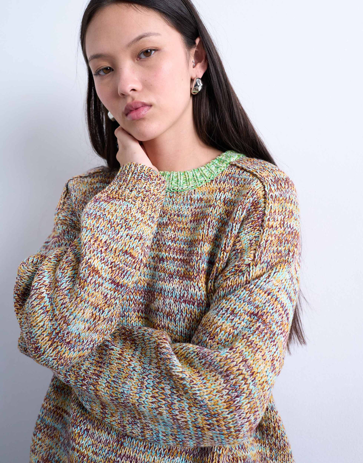 Topshop knitted multi colour twist yarn contrast jumper in green