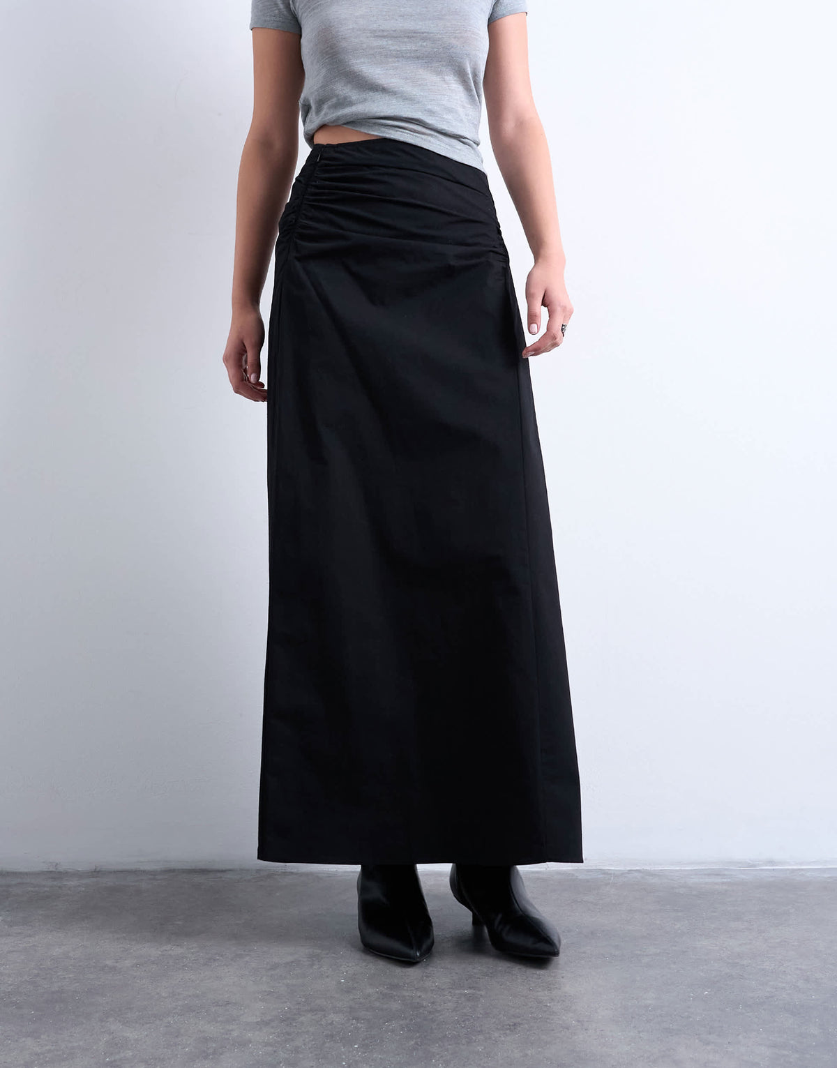 Topshop ruched asymmetric midi skirt in black 