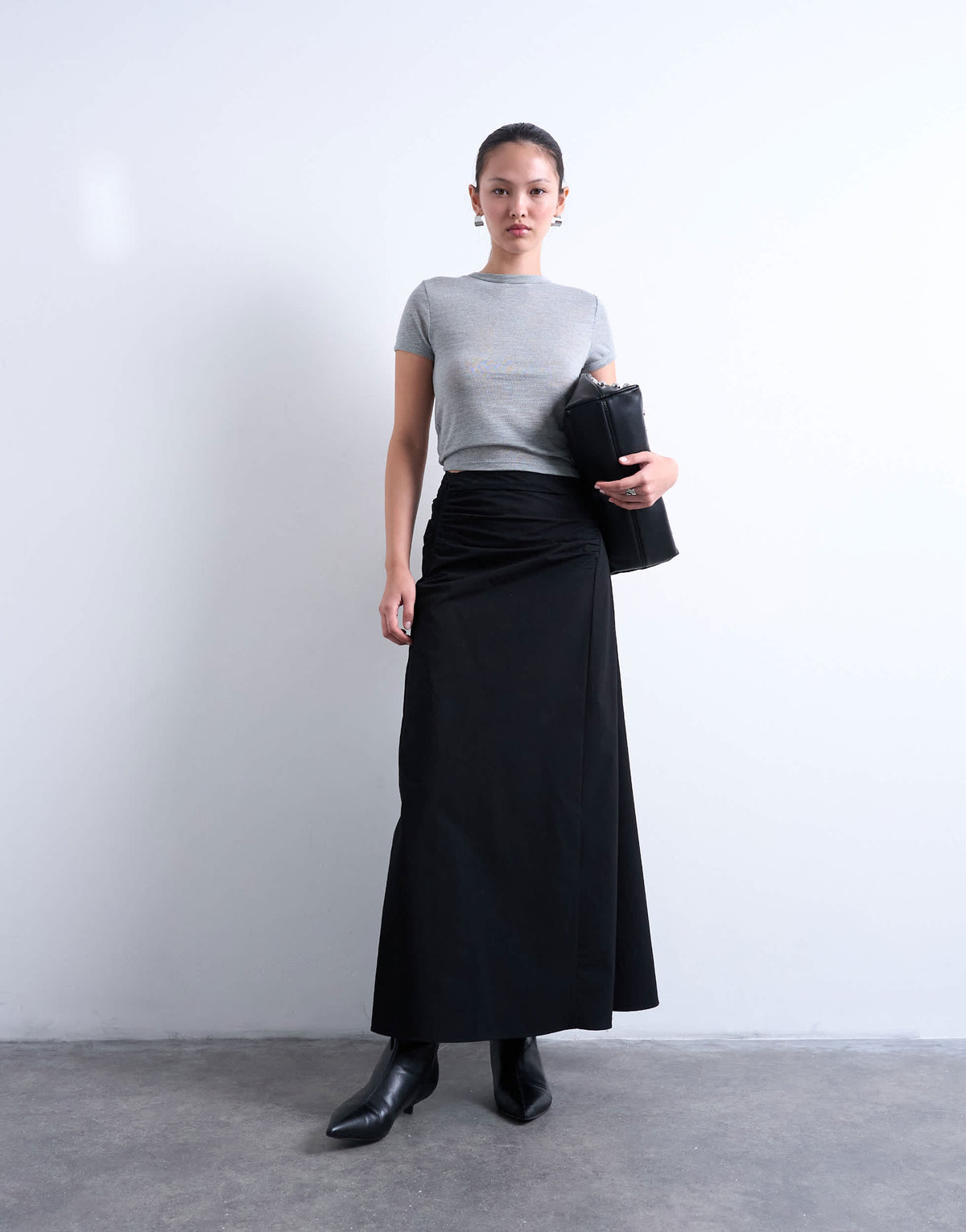Topshop ruched asymmetric midi skirt in black 