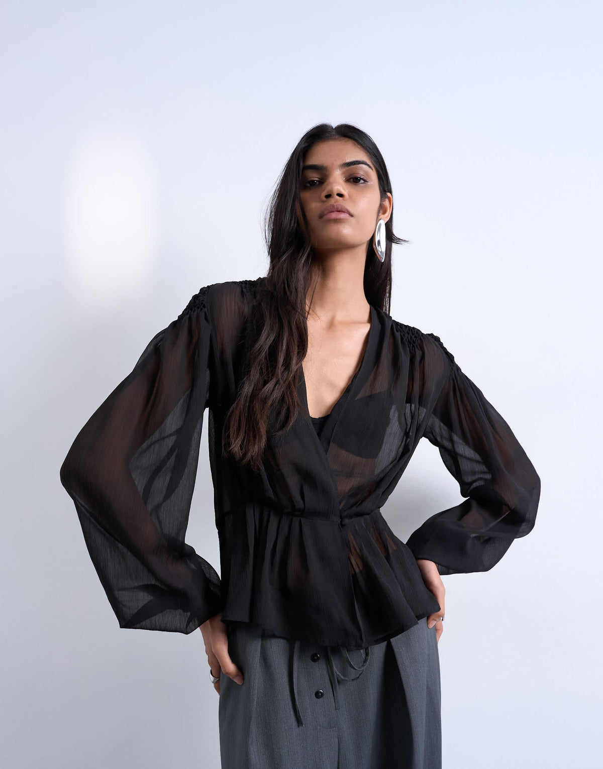 Topshop chiffon sheer panel long sleeve blouse in black