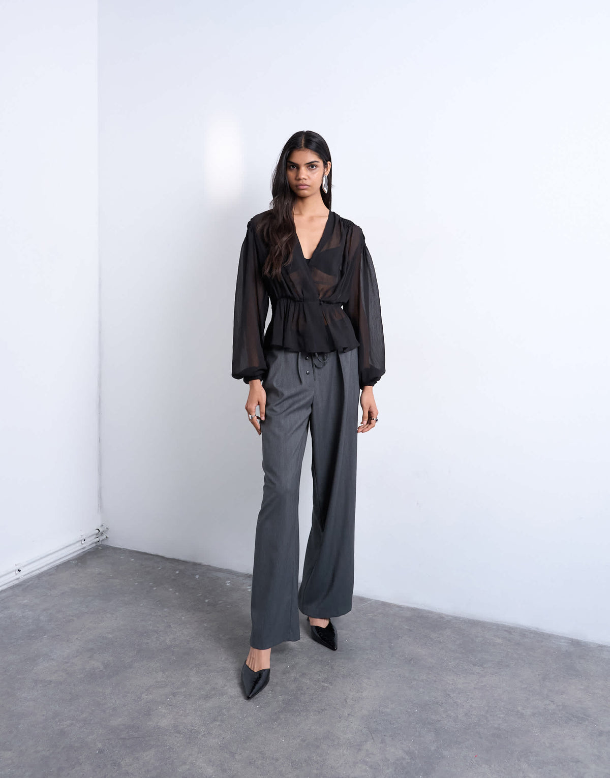 Topshop chiffon sheer panel long sleeve blouse in black